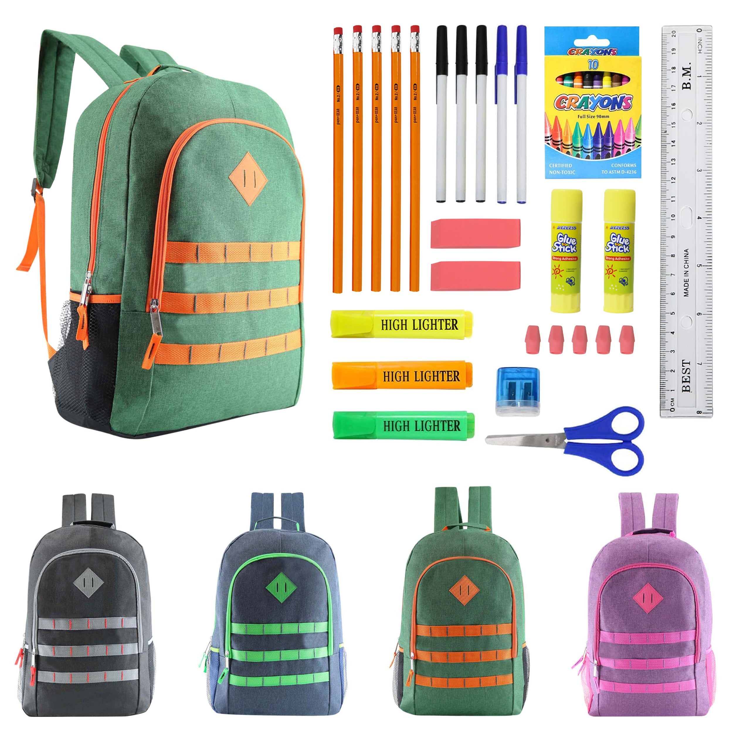 12 Deluxe Wholesale 19" Backpacks in Assorted Colors and 12 Bulk School Supply Kits of Your Choice