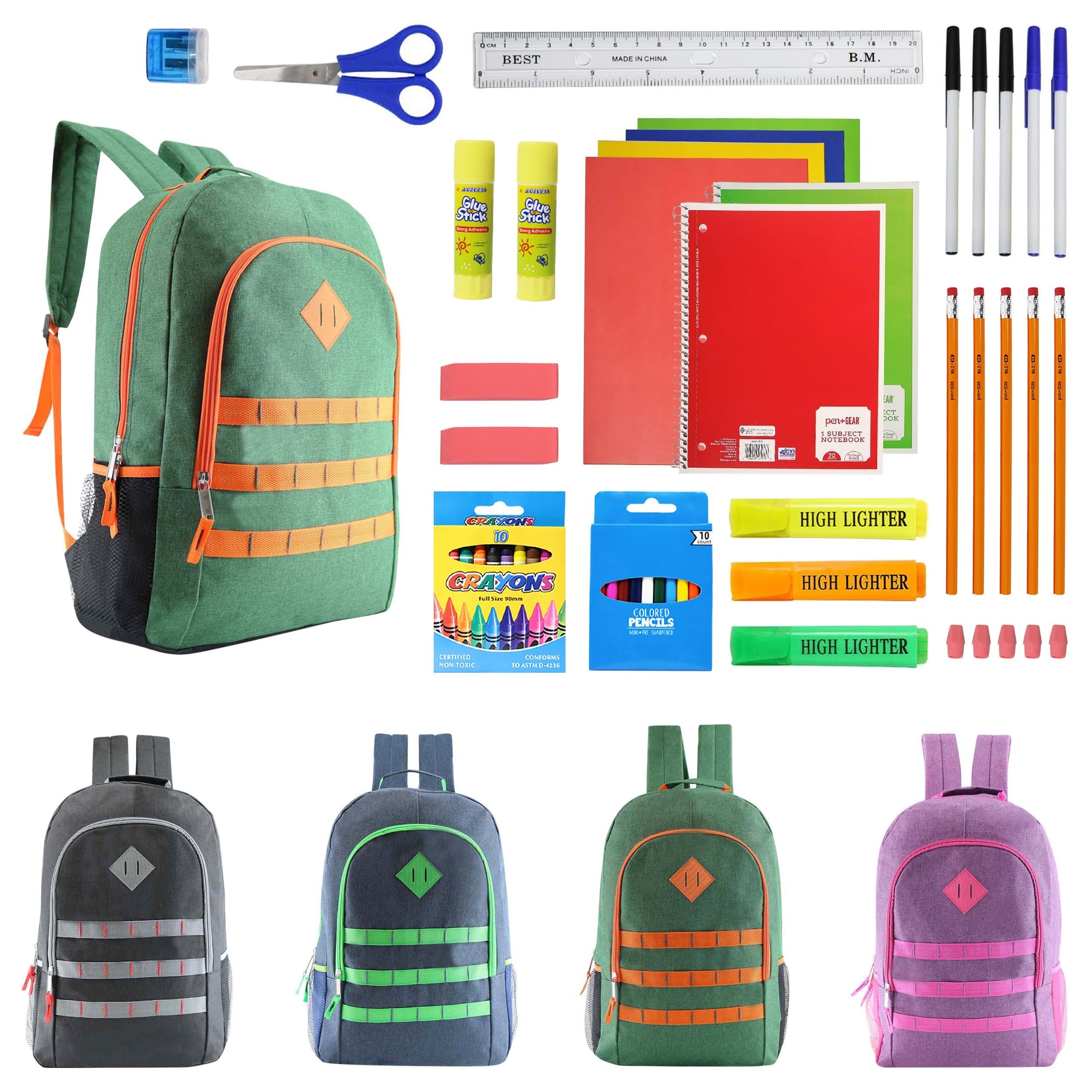 12 Wholesale 17" Basic Backpacks in Assorted Colors & 12 Bulk School Supply Kits of Your Choice
