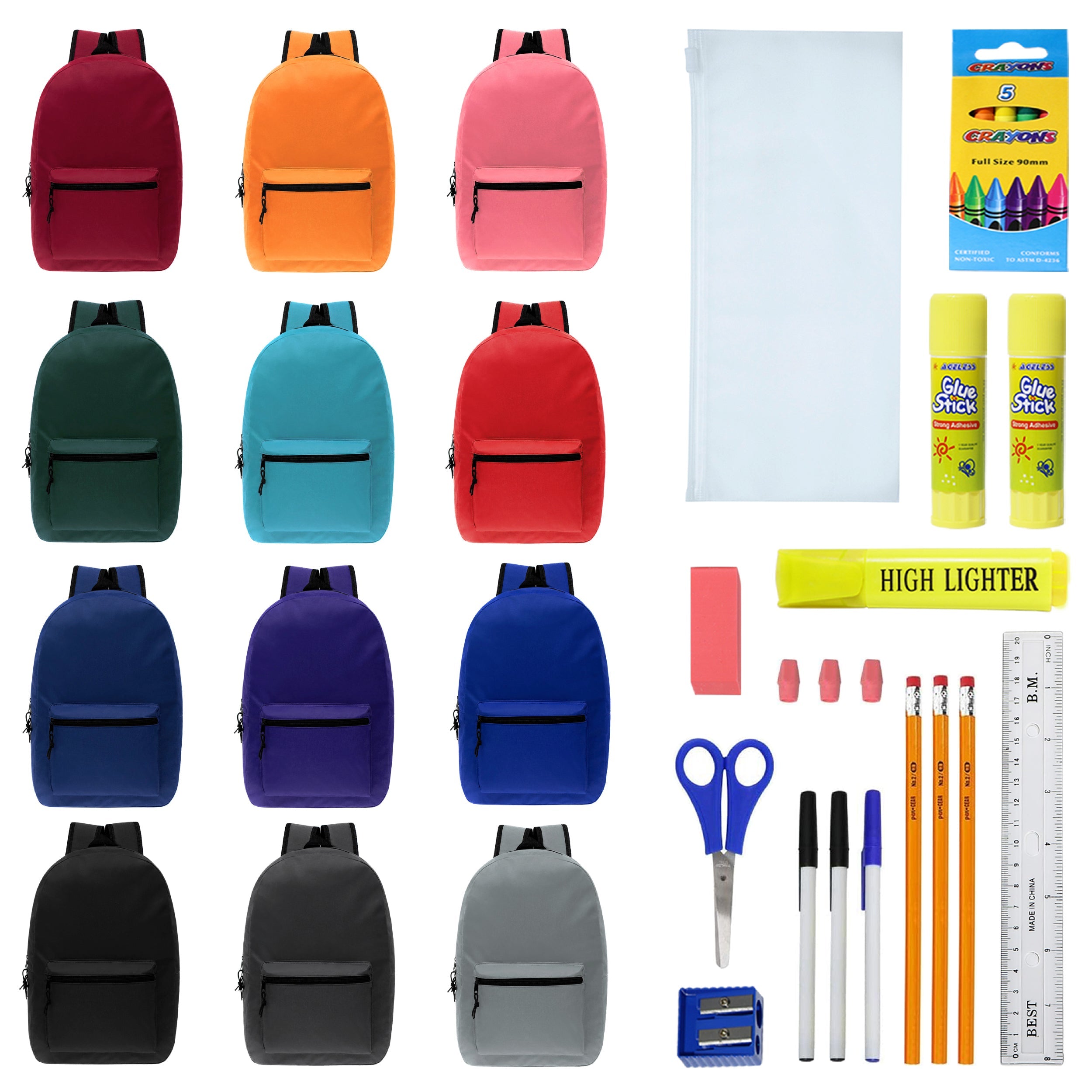 17 Inch Wholesale Backpacks in Assorted Colors with School Supply Kits Bulk - Case of 12