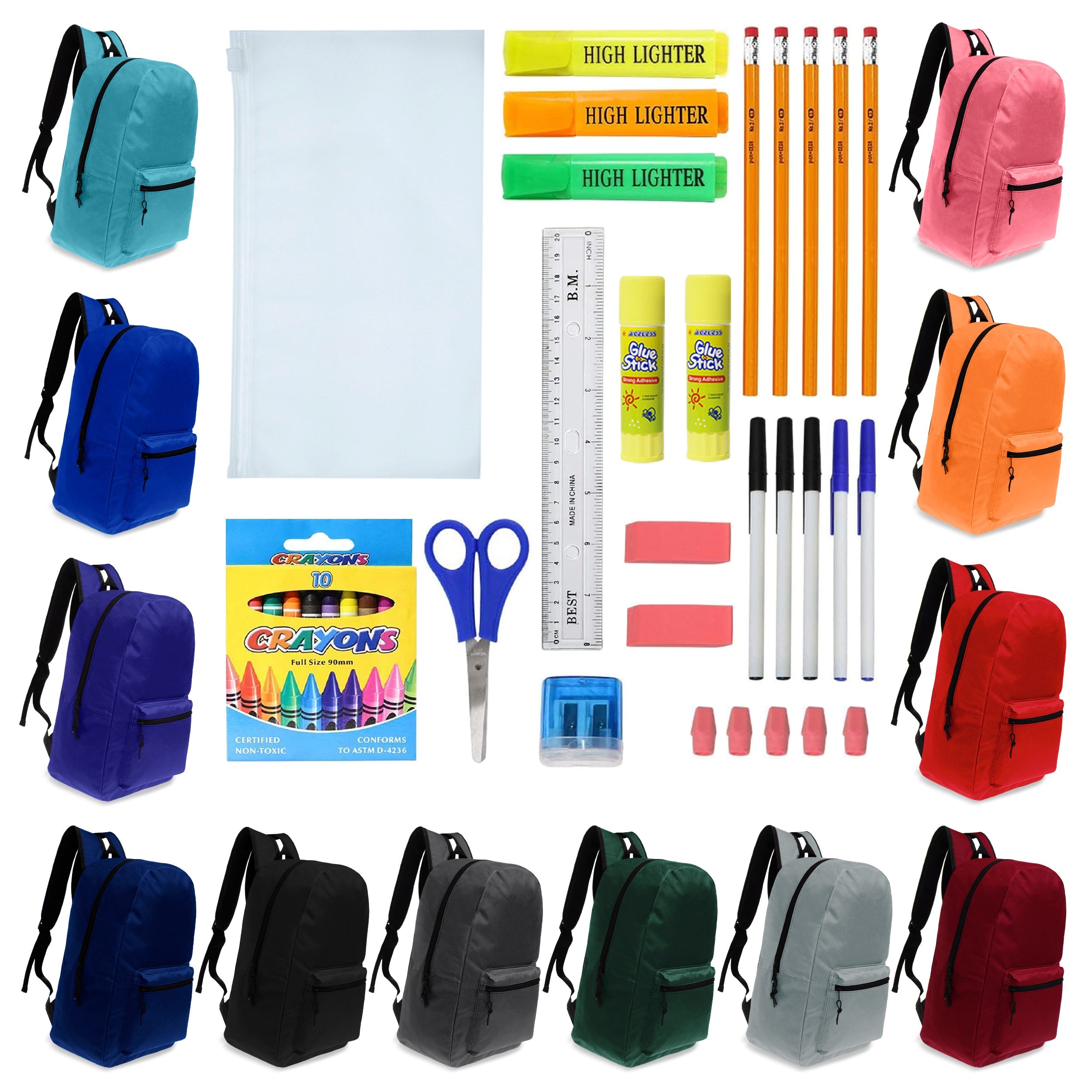 17 Inch Wholesale Backpacks in Assorted Colors with School Supply Kits Bulk - Case of 12
