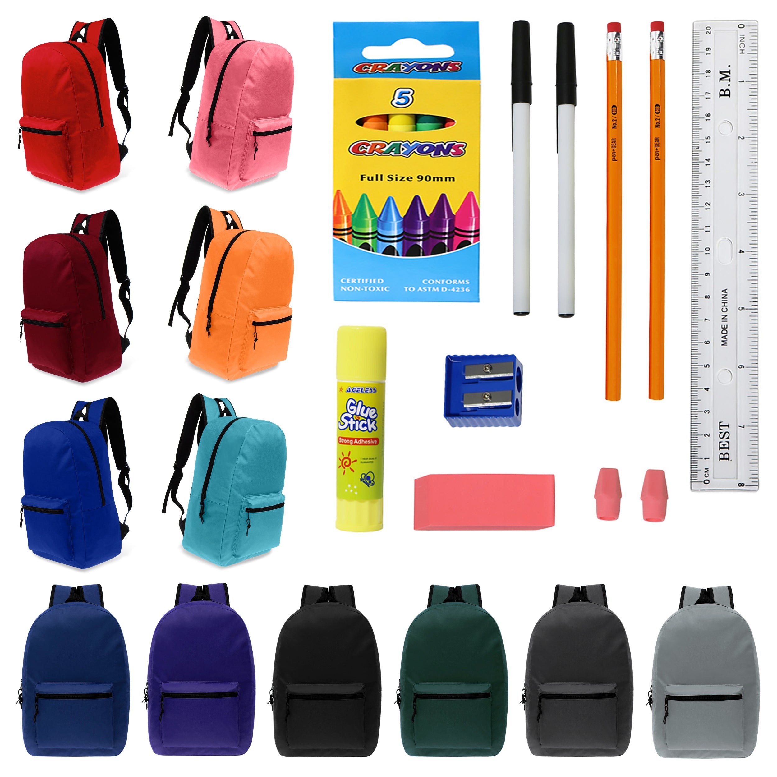 17 Inch Wholesale Backpacks in Assorted Colors with School Supply Kits Bulk - Case of 12