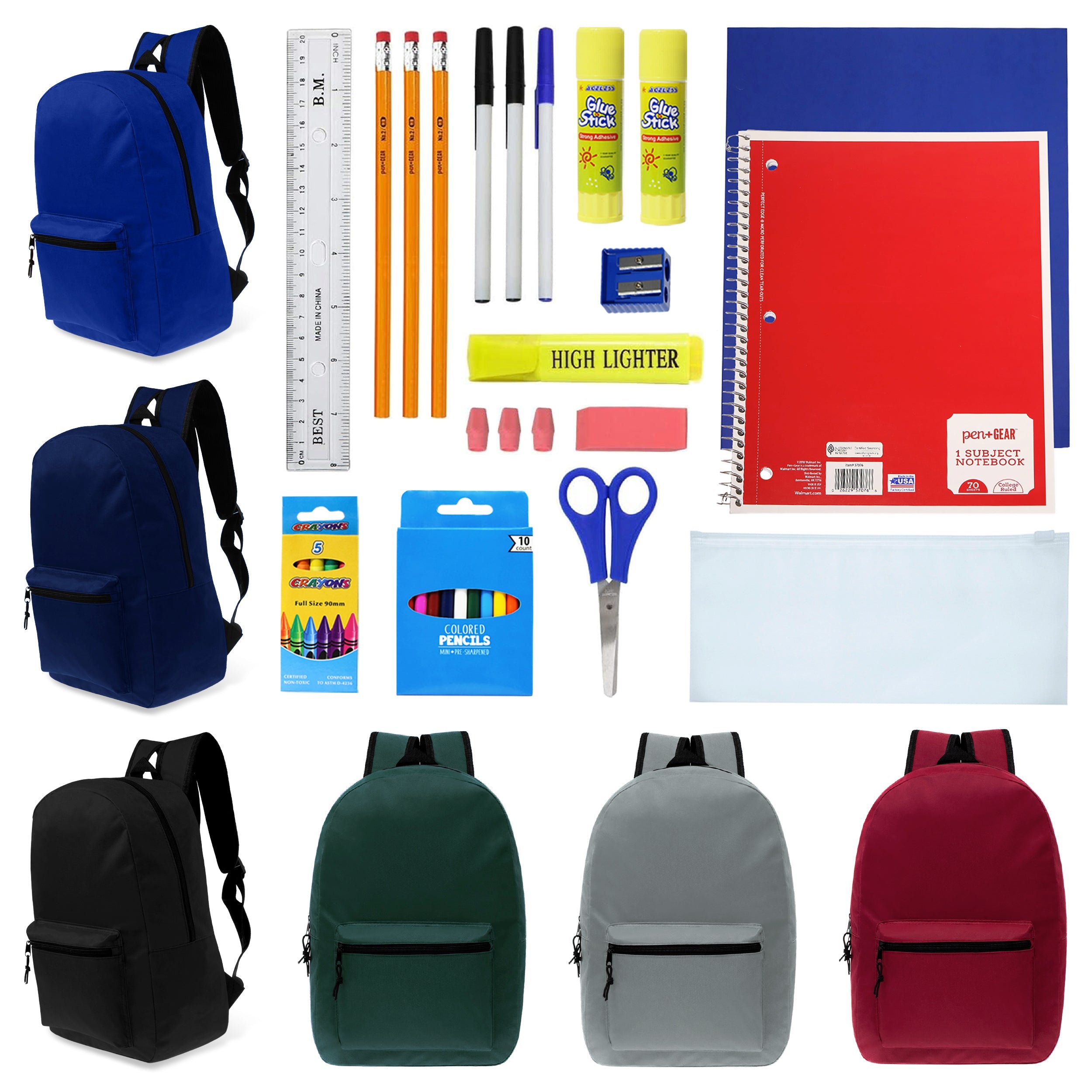 15 Inch Bulk Backpacks in Assorted Colors with School Supply Kits Wholesale - Case of 12