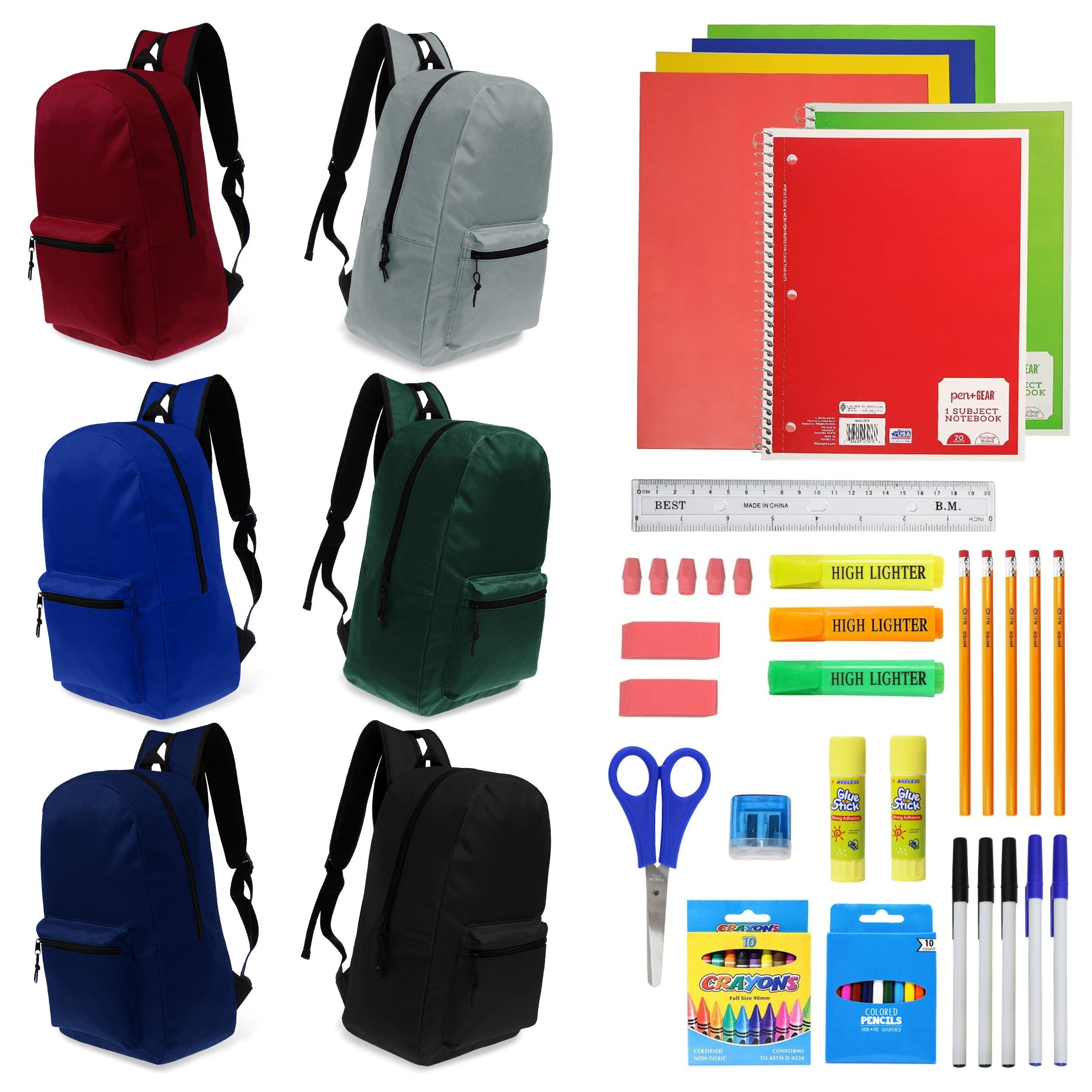 15 Inch Bulk Backpacks in Assorted Colors with School Supply Kits Wholesale - Case of 12