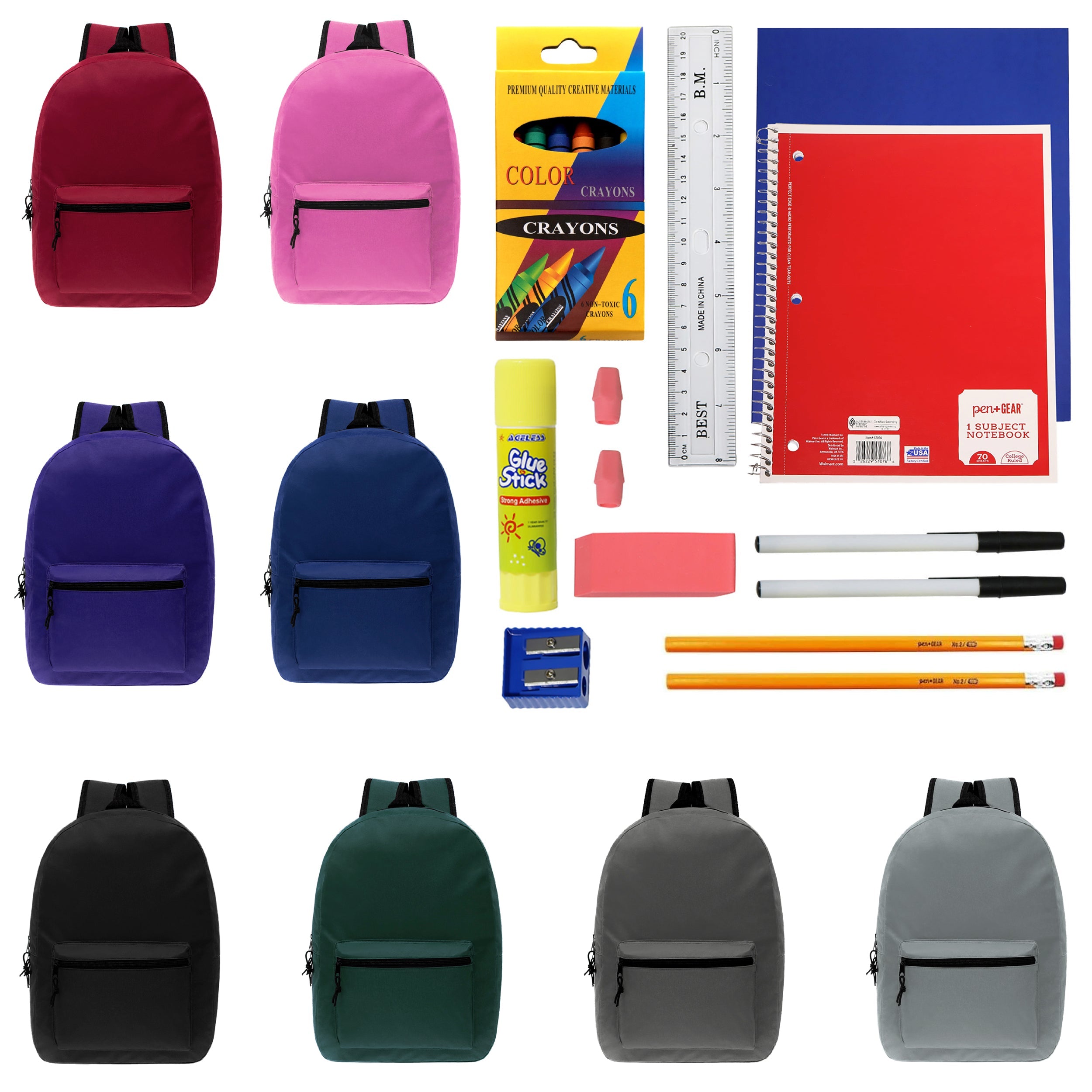 15 Inch Wholesale Backpacks in Assorted Colors with School Supply Kits Bulk - Kit of 12