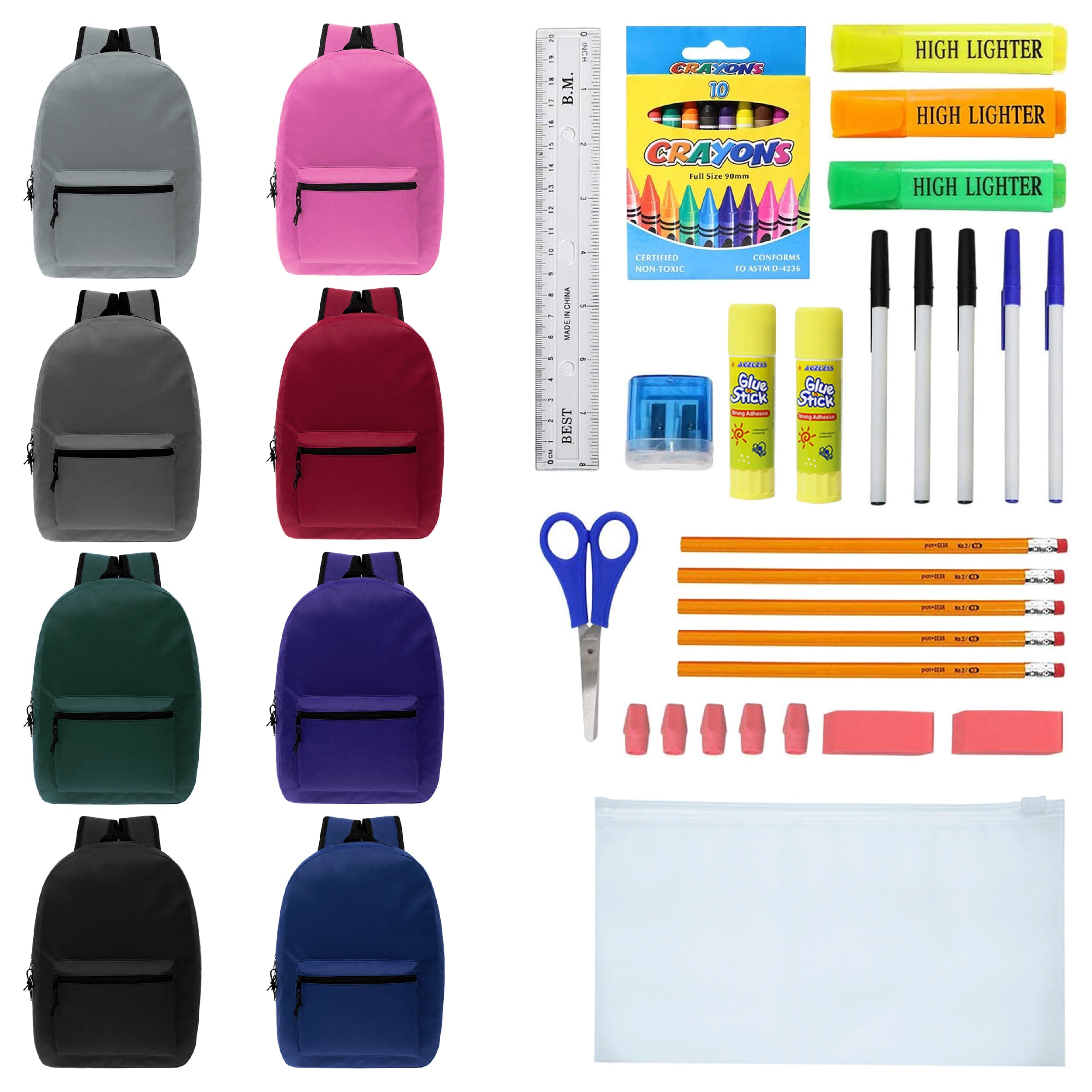 15 Inch Wholesale Backpacks in Assorted Colors with School Supply Kits Bulk - Kit of 12