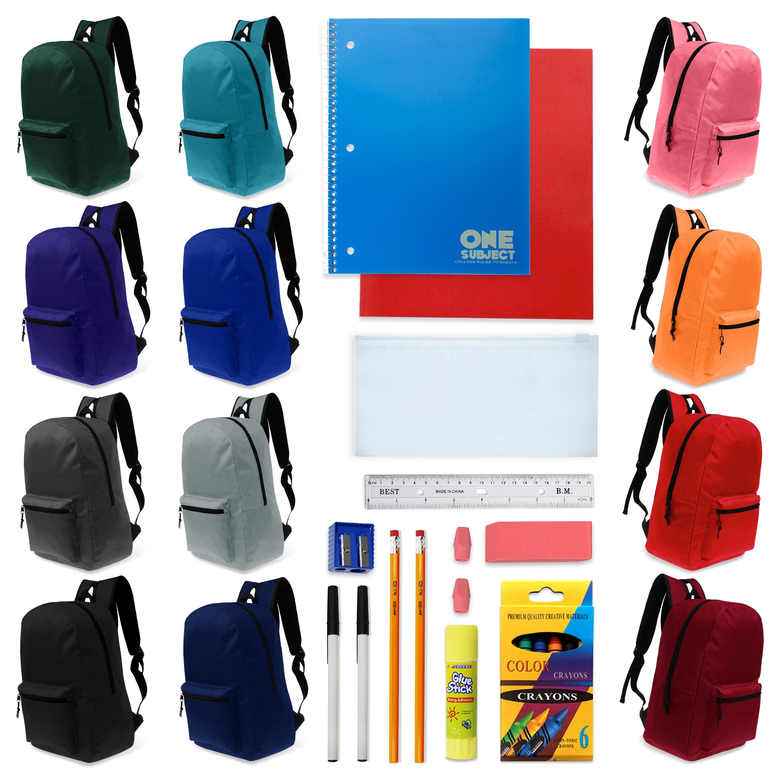 17 Inch Wholesale Backpacks in Assorted Colors with School Supply Kits Bulk - Case of 12