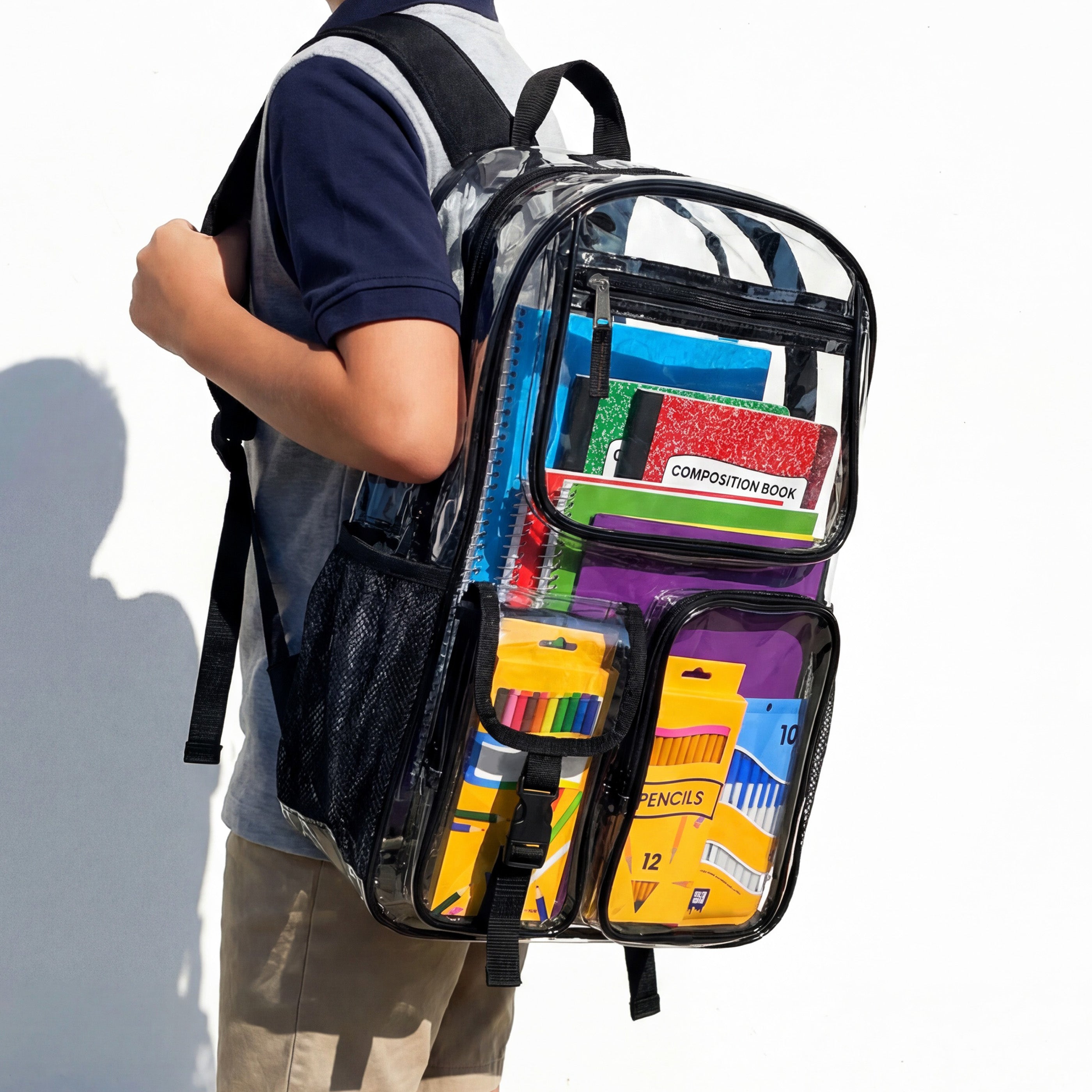 17" Premium Wholesale Clear Backpacks Black Only - Bulk Case of 24 Transparent Bookbags