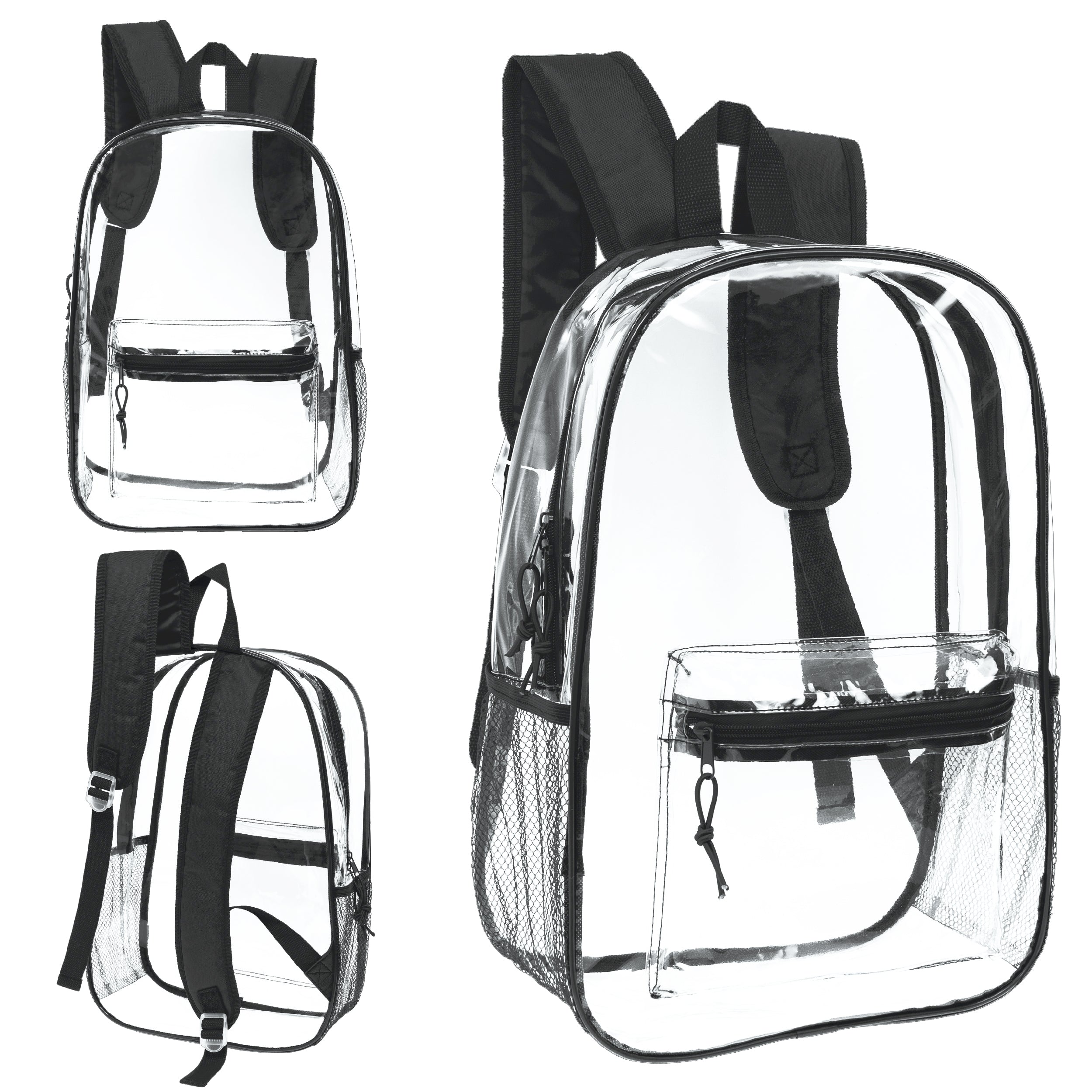 12 Wholesale 17" Clear Backpacks with Black Trim & 12 Bulk School Supply Kits of Your Choice
