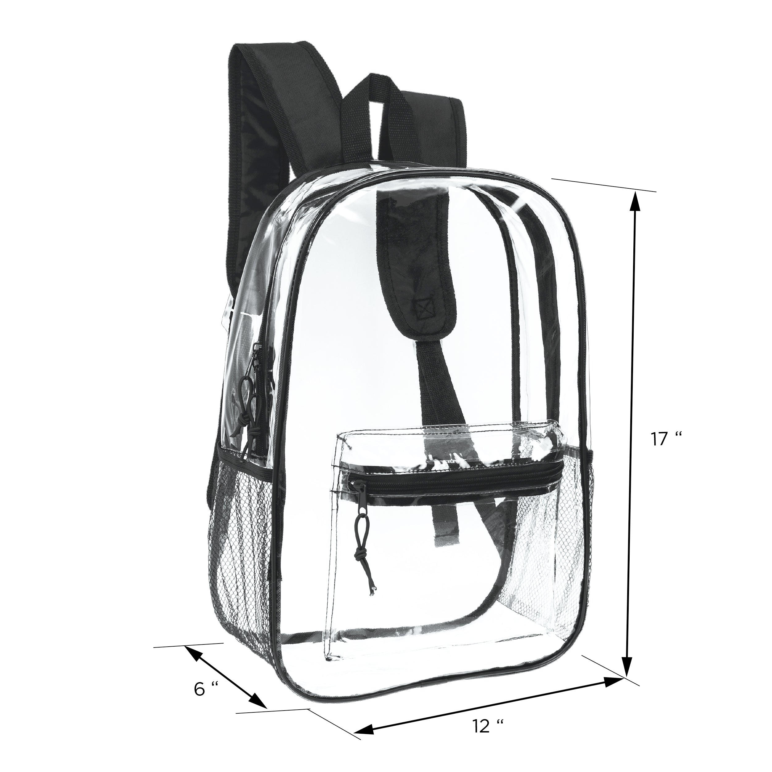 12 Wholesale 17" Clear Backpacks with Black Trim & 12 Bulk School Supply Kits of Your Choice