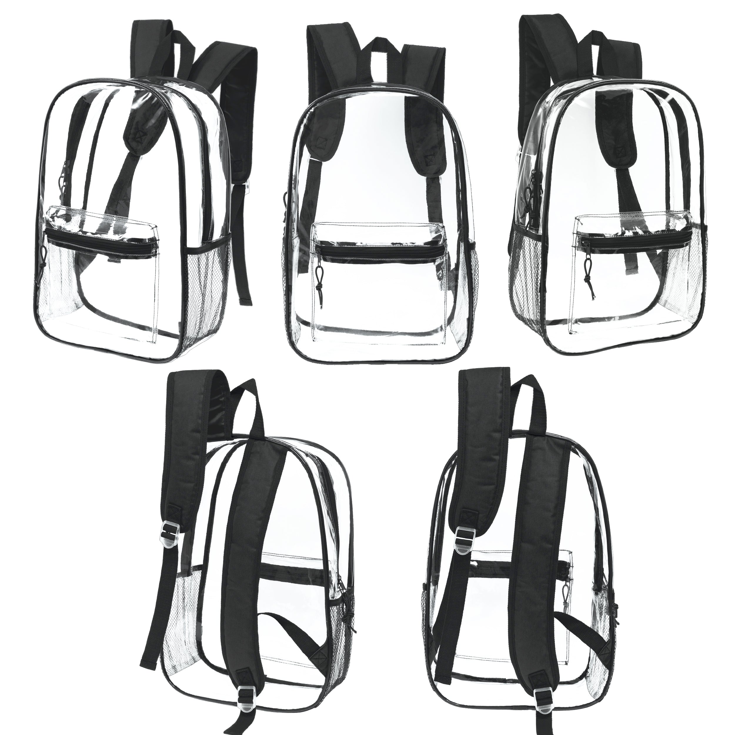 12 Wholesale 17" Clear Backpacks with Black Trim & 12 Bulk School Supply Kits of Your Choice