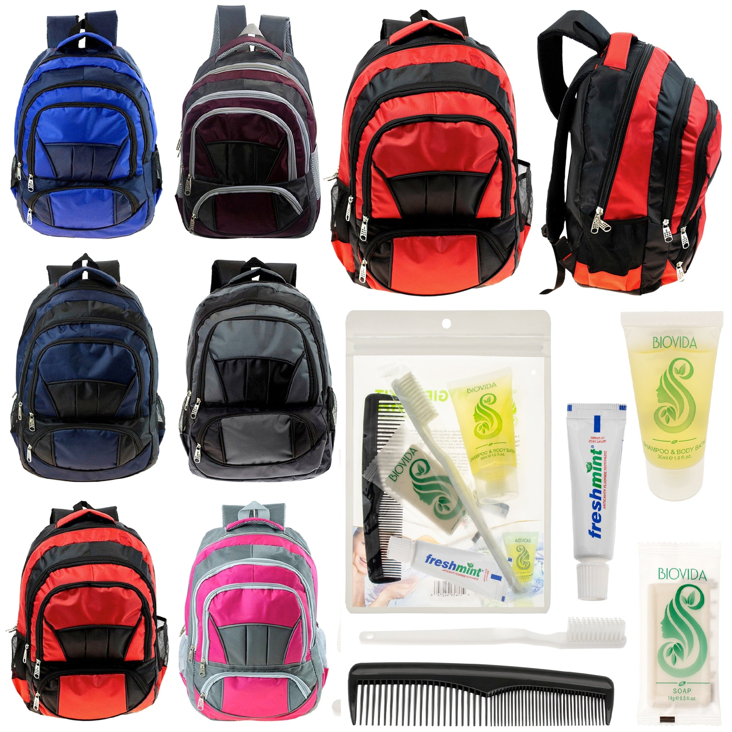 12 Premium 16" Fully Padded Backpacks & Your Choice of 12 Bulk Hygiene Kits - Wholesale Care Package: Homeless, Emergency, Charity