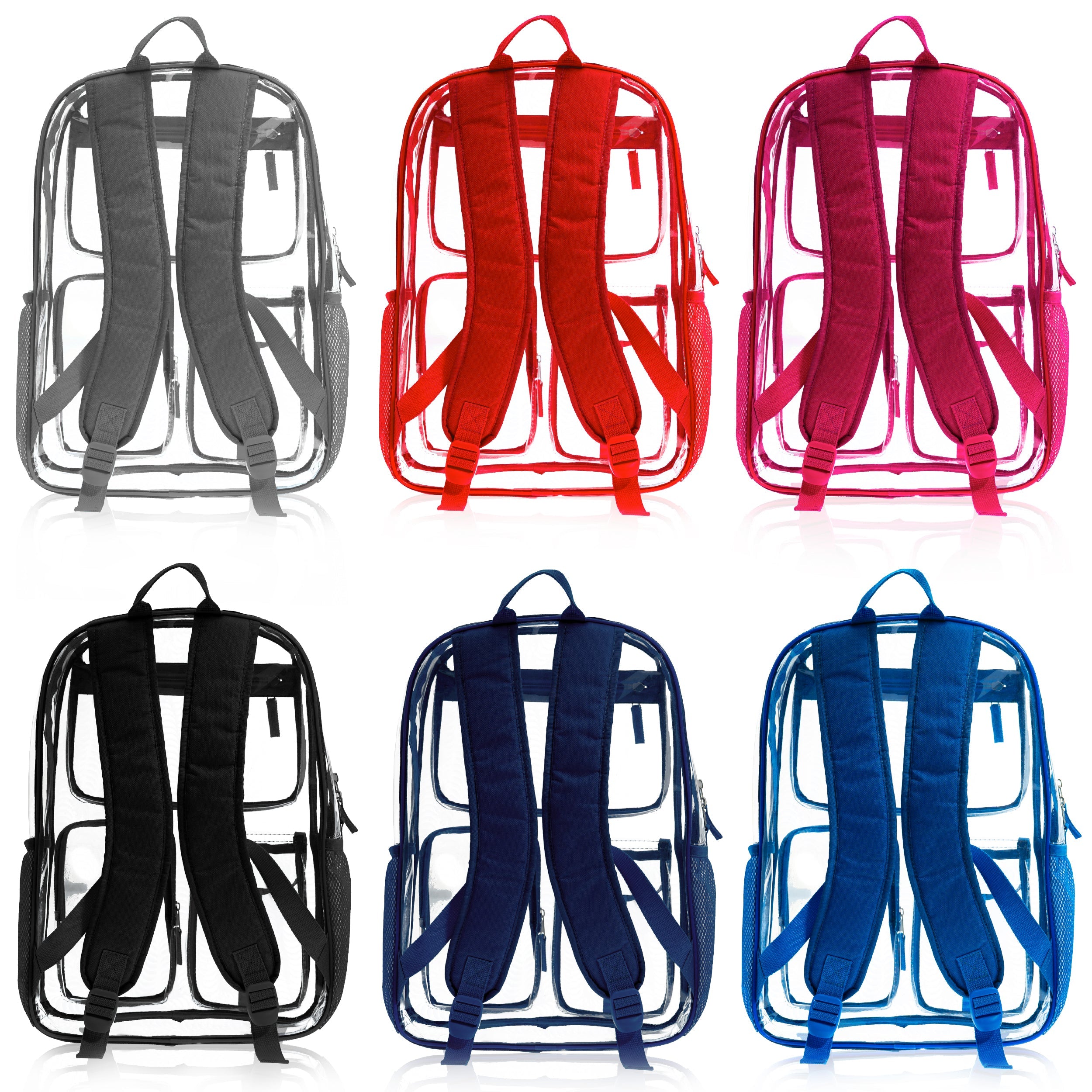 17" Premium Wholesale Clear Backpacks Assorted Colors - Bulk Case of 24 Transparent Bookbags