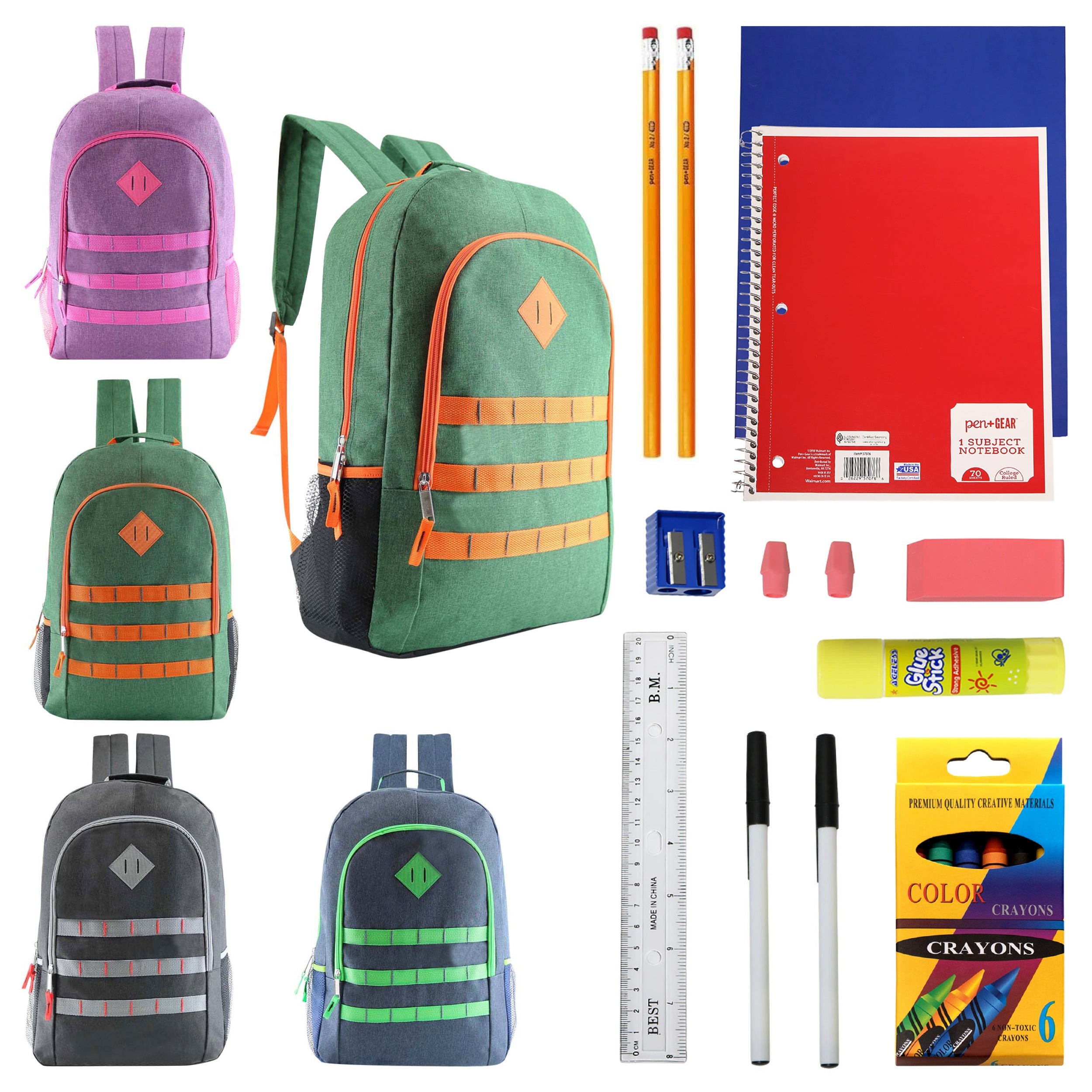 12 Deluxe Wholesale 19" Backpacks in Assorted Colors and 12 Bulk School Supply Kits of Your Choice