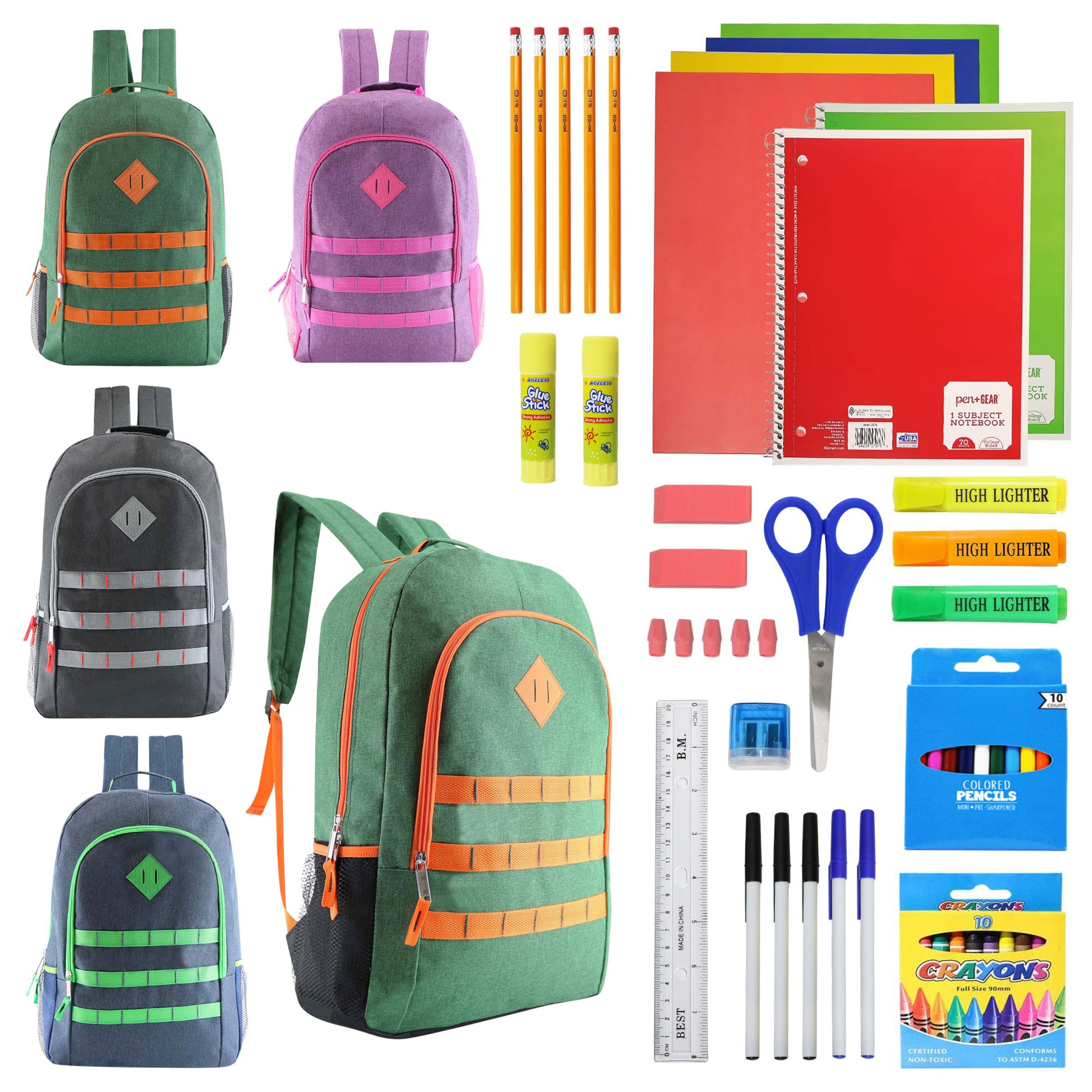 12 Deluxe Wholesale 19" Backpacks in Assorted Colors and 12 Bulk School Supply Kits of Your Choice
