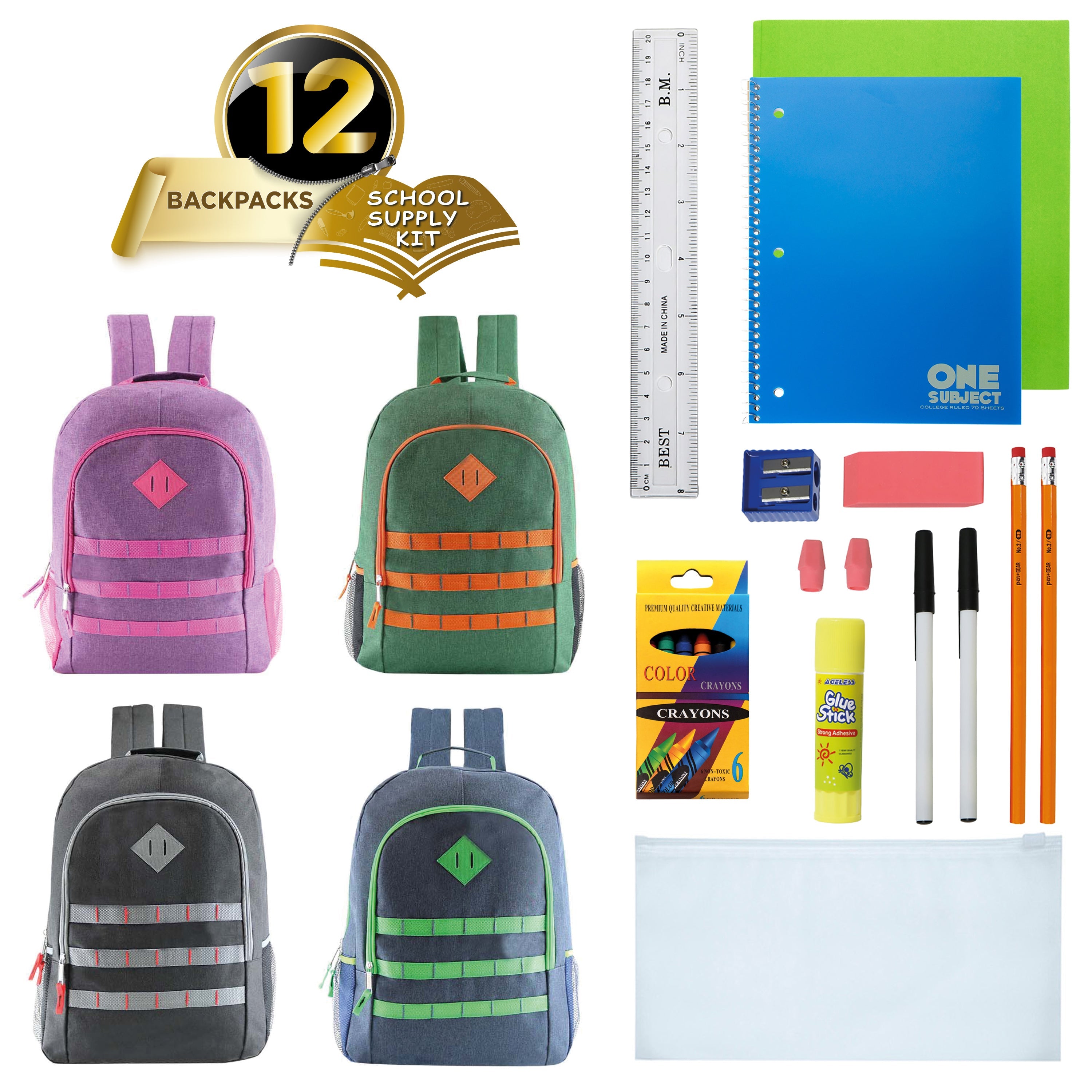 12 Wholesale 17" Basic Backpacks in Assorted Colors & 12 Bulk School Supply Kits of Your Choice