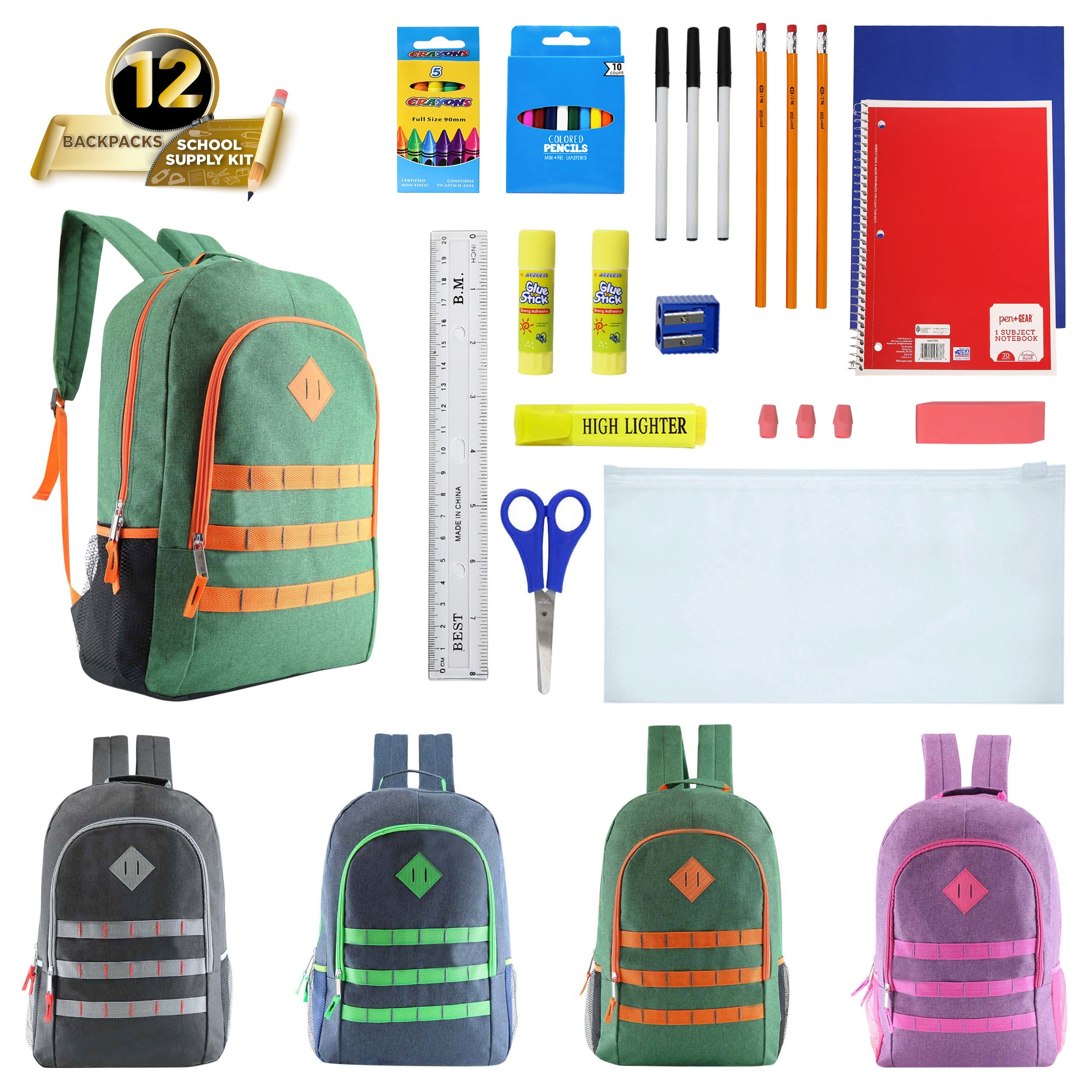 12 Wholesale 17" Basic Backpacks in Assorted Colors & 12 Bulk School Supply Kits of Your Choice