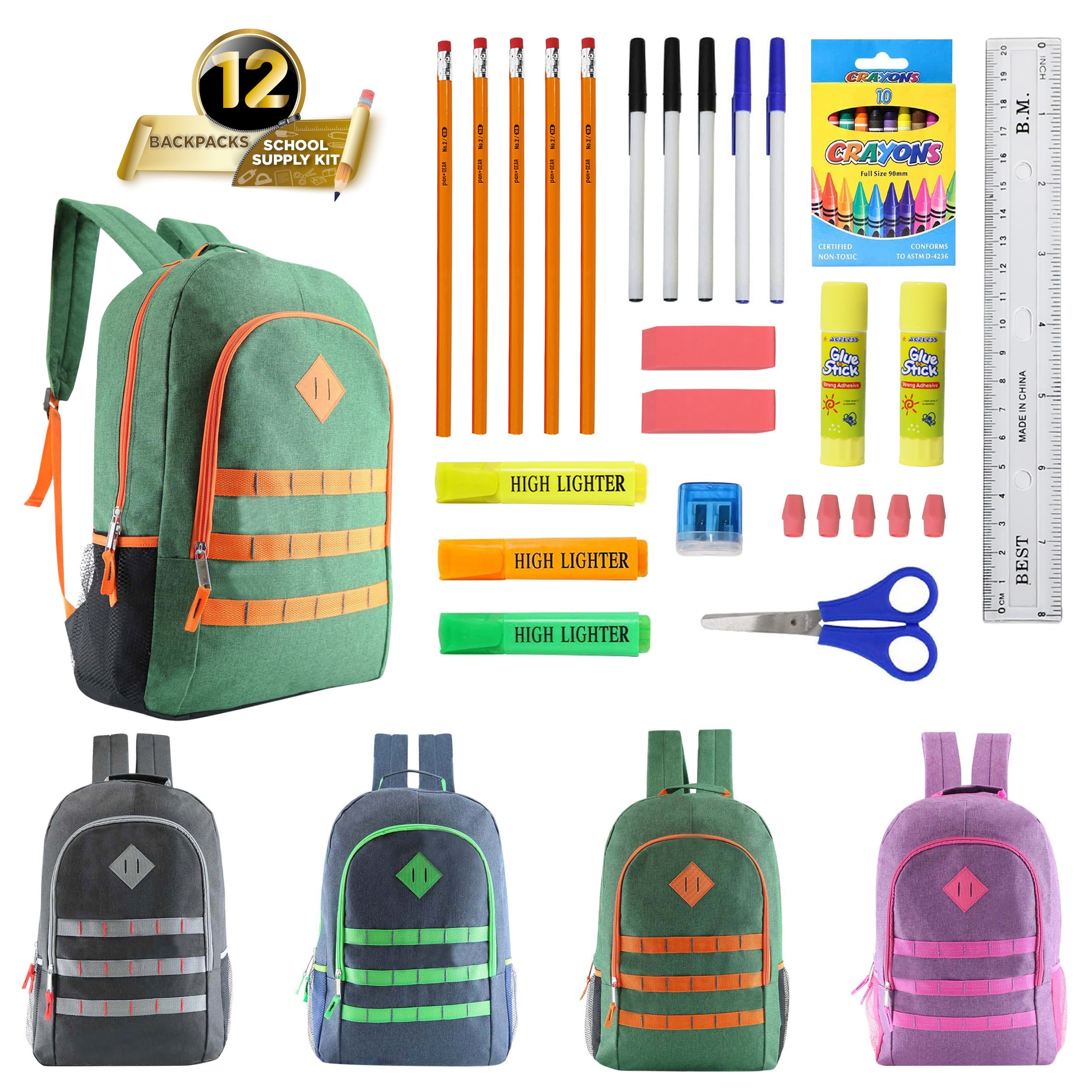 12 Wholesale 17" Basic Backpacks in Assorted Colors & 12 Bulk School Supply Kits of Your Choice