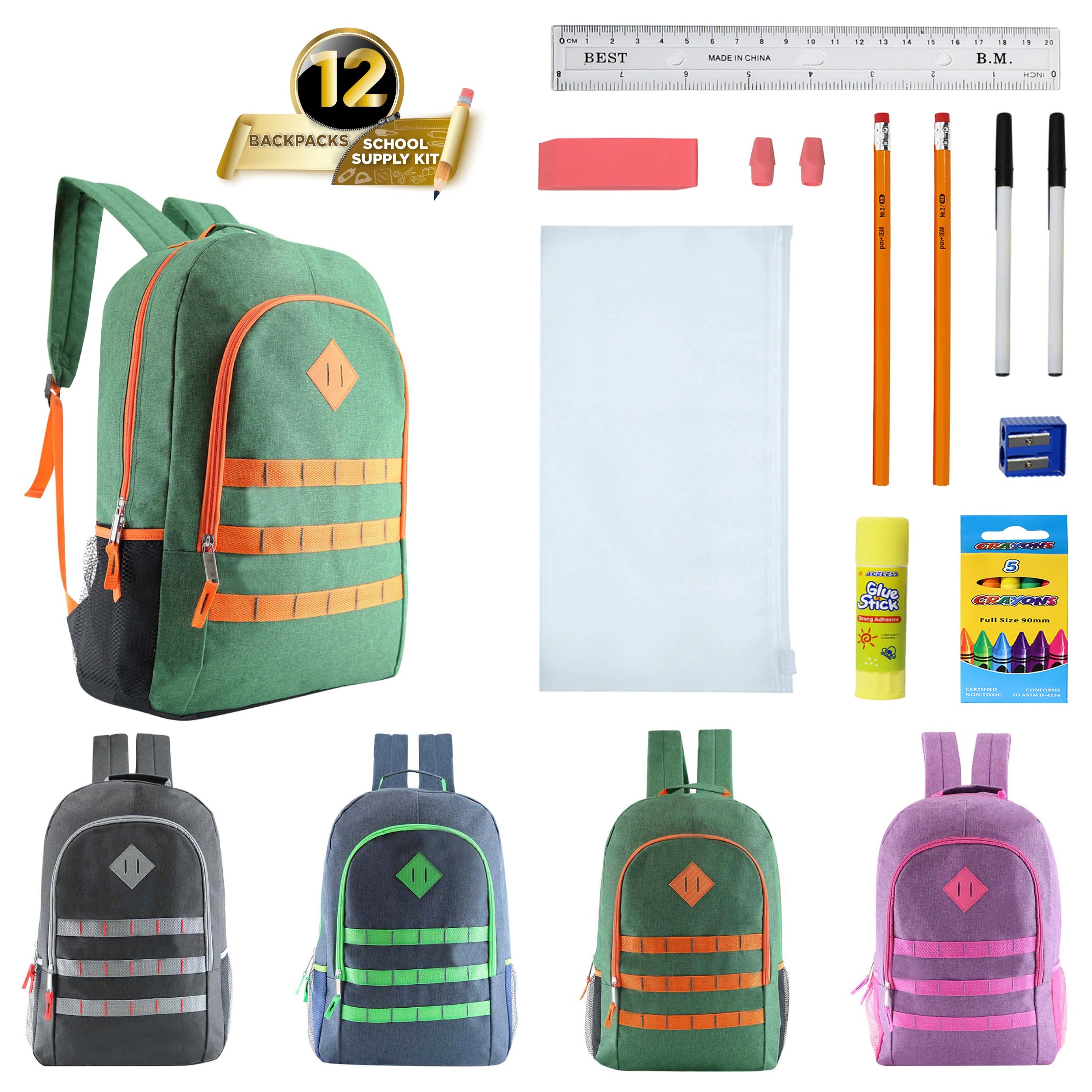 12 Deluxe Wholesale 19" Backpacks in Assorted Colors and 12 Bulk School Supply Kits of Your Choice