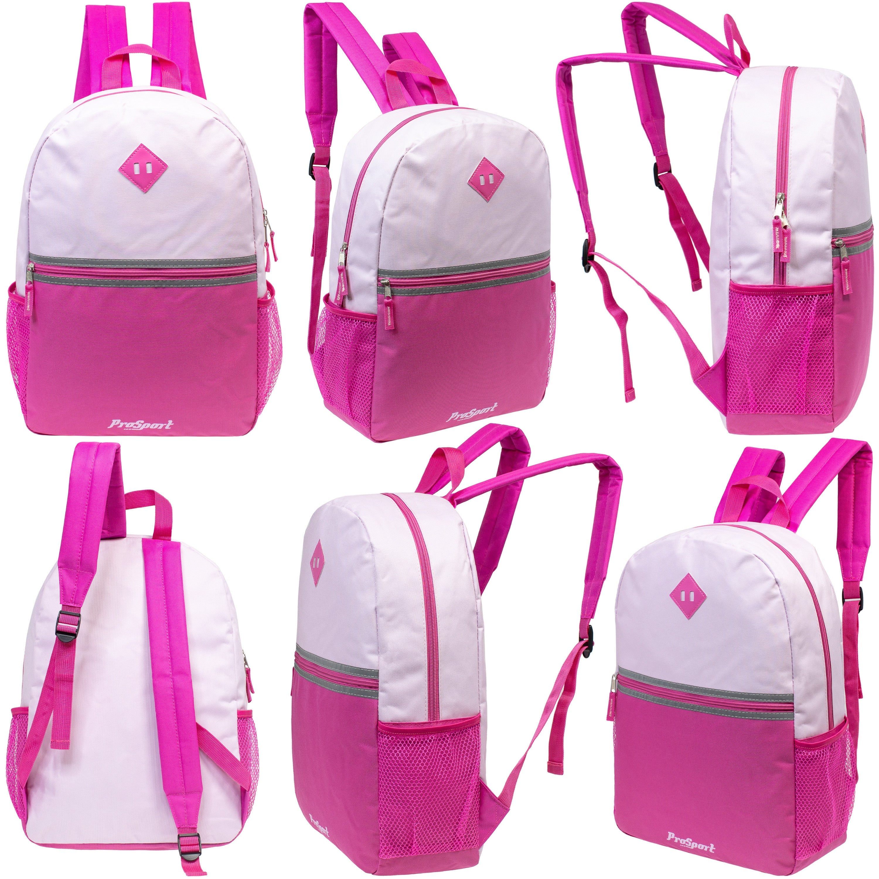 12 Wholesale 17" 2-Tone Backpacks in 4 Colors Combos & 12 Bulk School Supply Kits of Your Choice