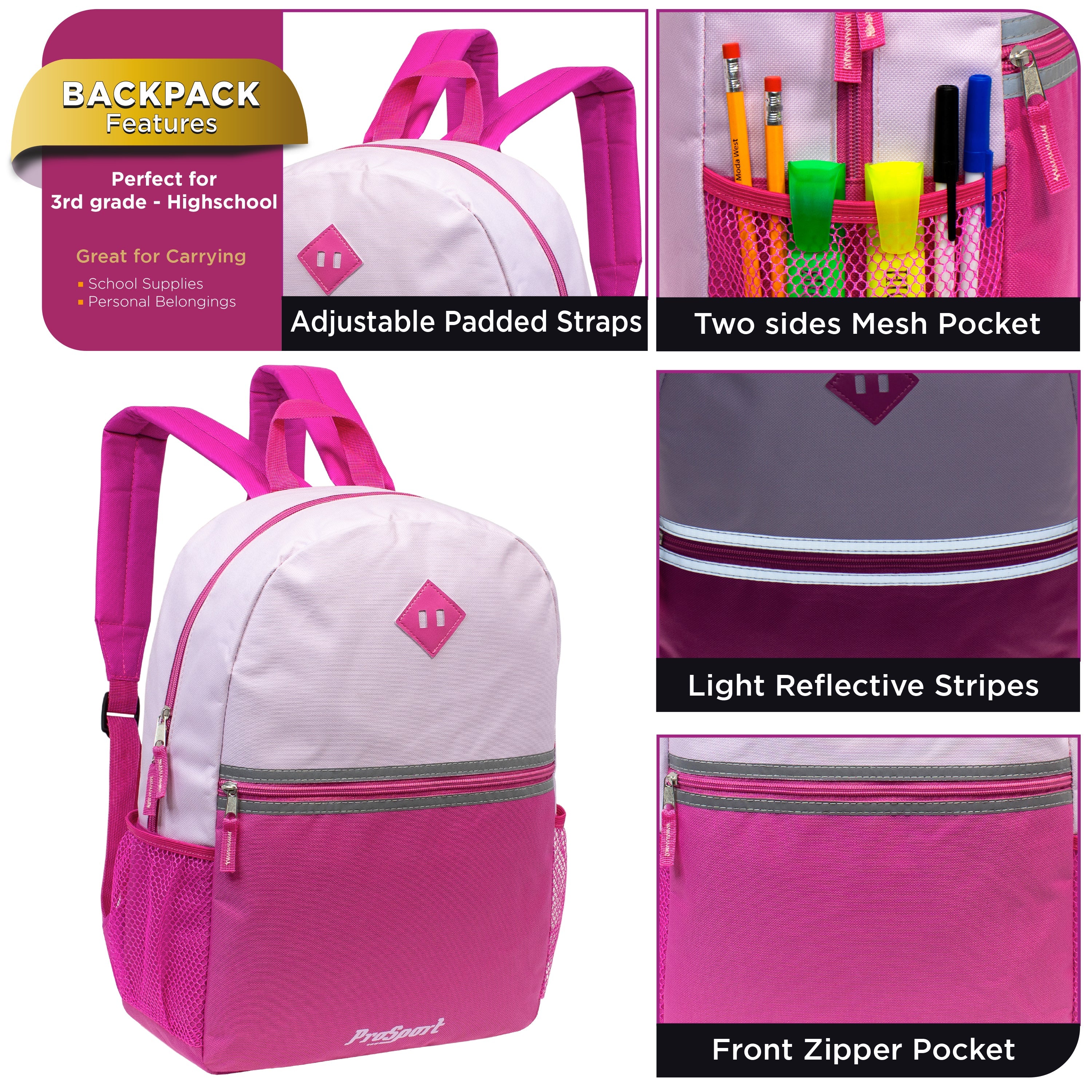 12 Wholesale 17" 2-Tone Backpacks in 4 Colors Combos & 12 Bulk School Supply Kits of Your Choice