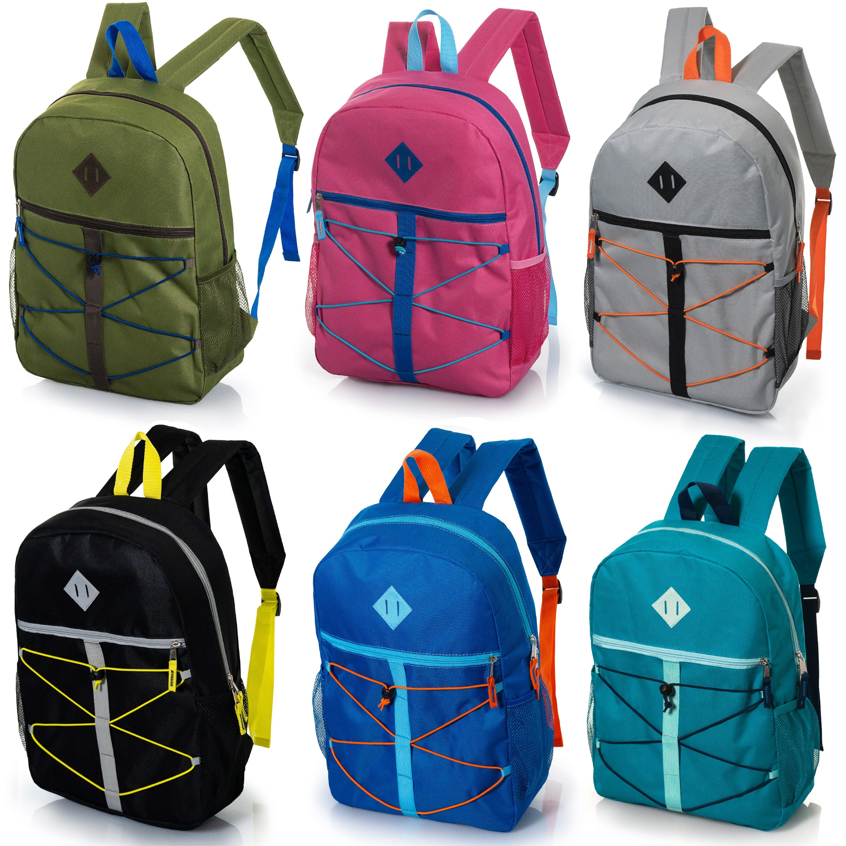 17" Wholesale Bungee Backpacks in 12 Assorted Colors & Prints - Bulk Case of 24 Bookbags