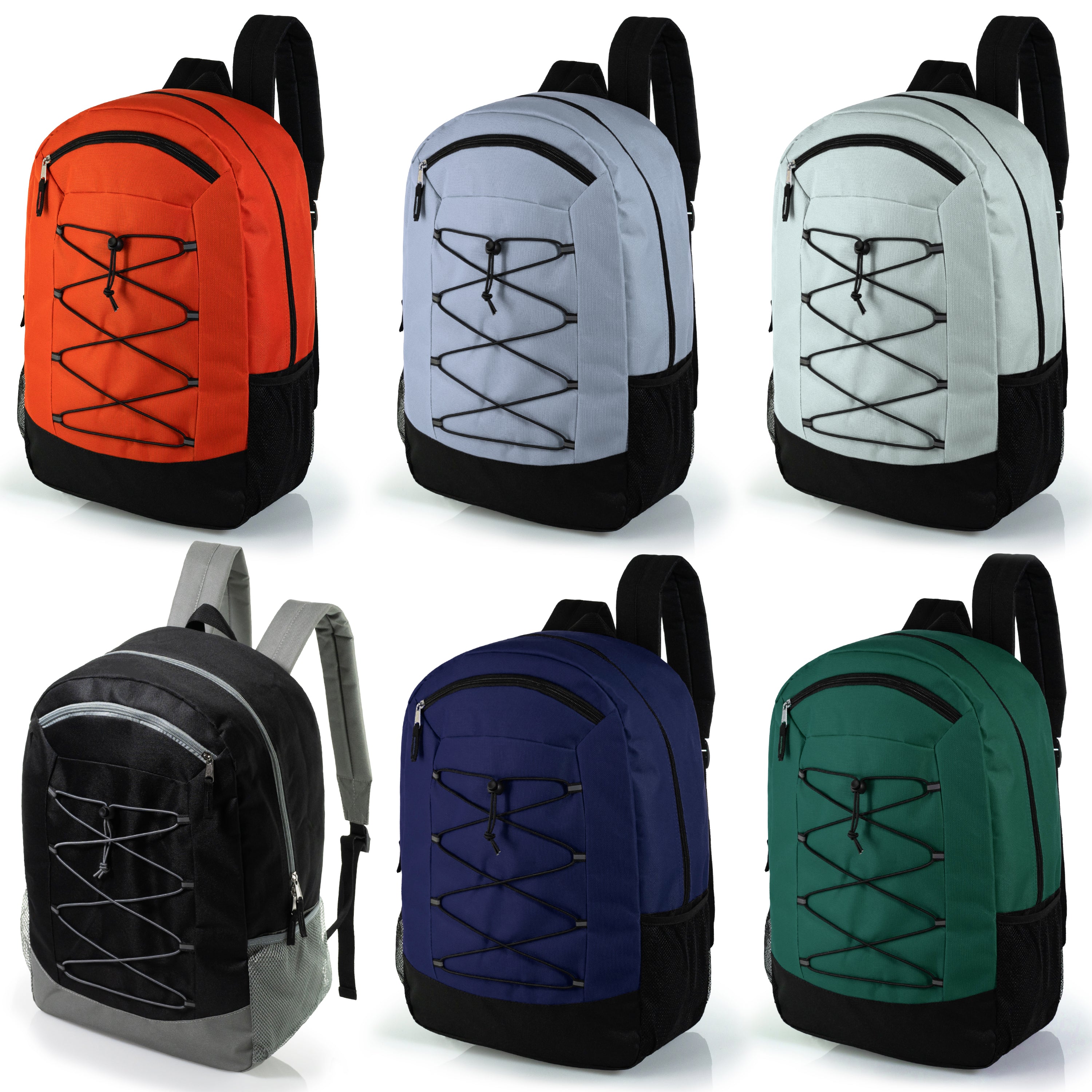 19" Wholesale Bungee Backpacks in 6 Colors | Dual Mesh Side Pockets - Bulk Case of 24 Bookbags