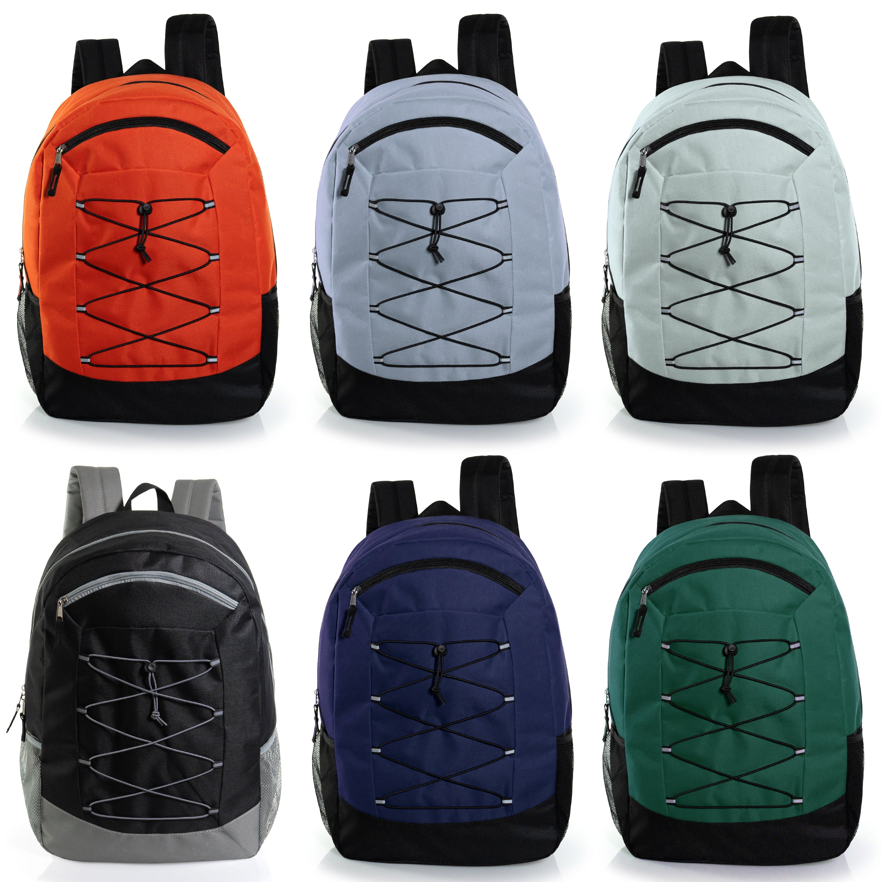 12 Wholesale 19" Bungee Backpack in 6 Colors & 12 Bulk School Supply Kits of Your Choice