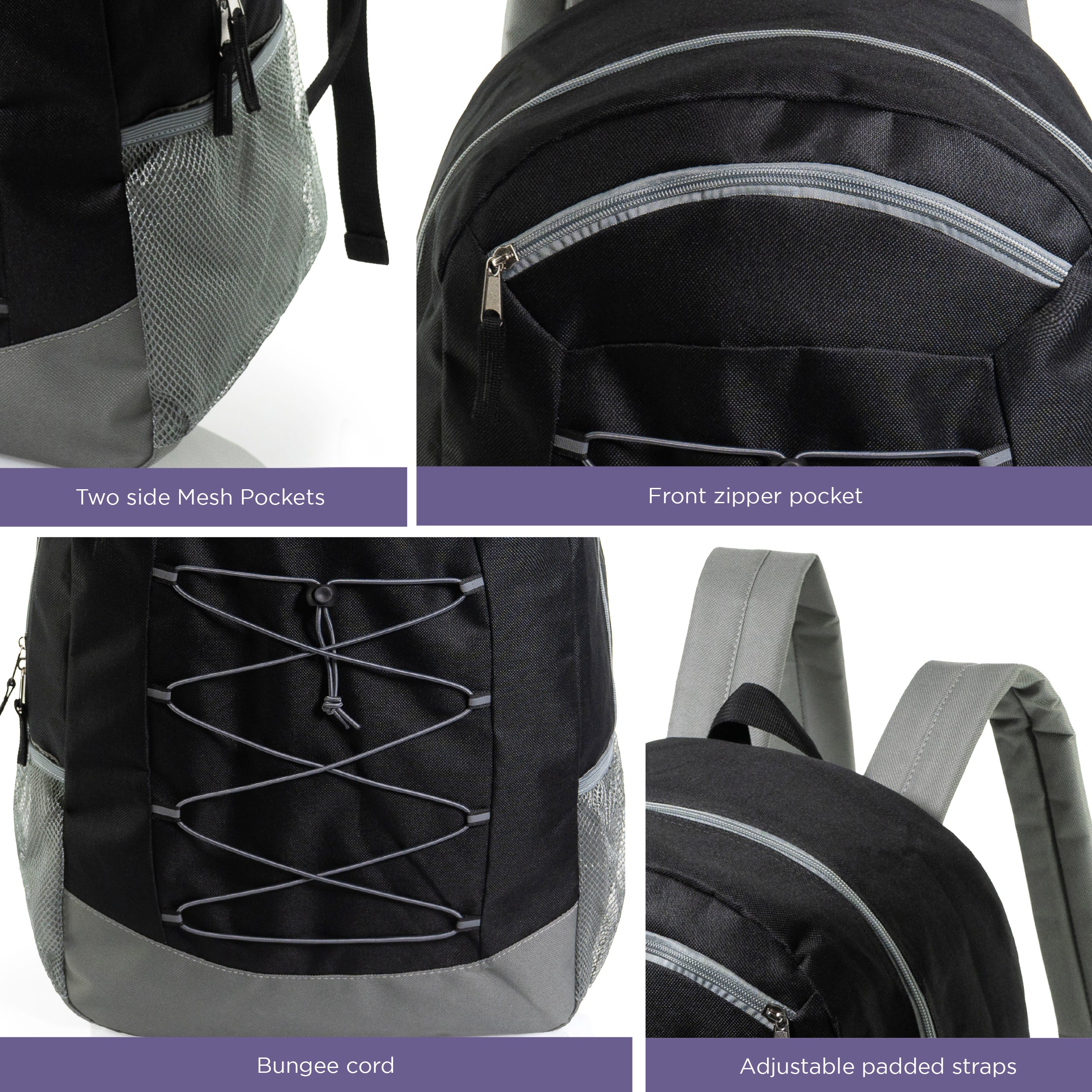19" Wholesale Bungee Backpacks in 6 Colors | Dual Mesh Side Pockets - Bulk Case of 24 Bookbags