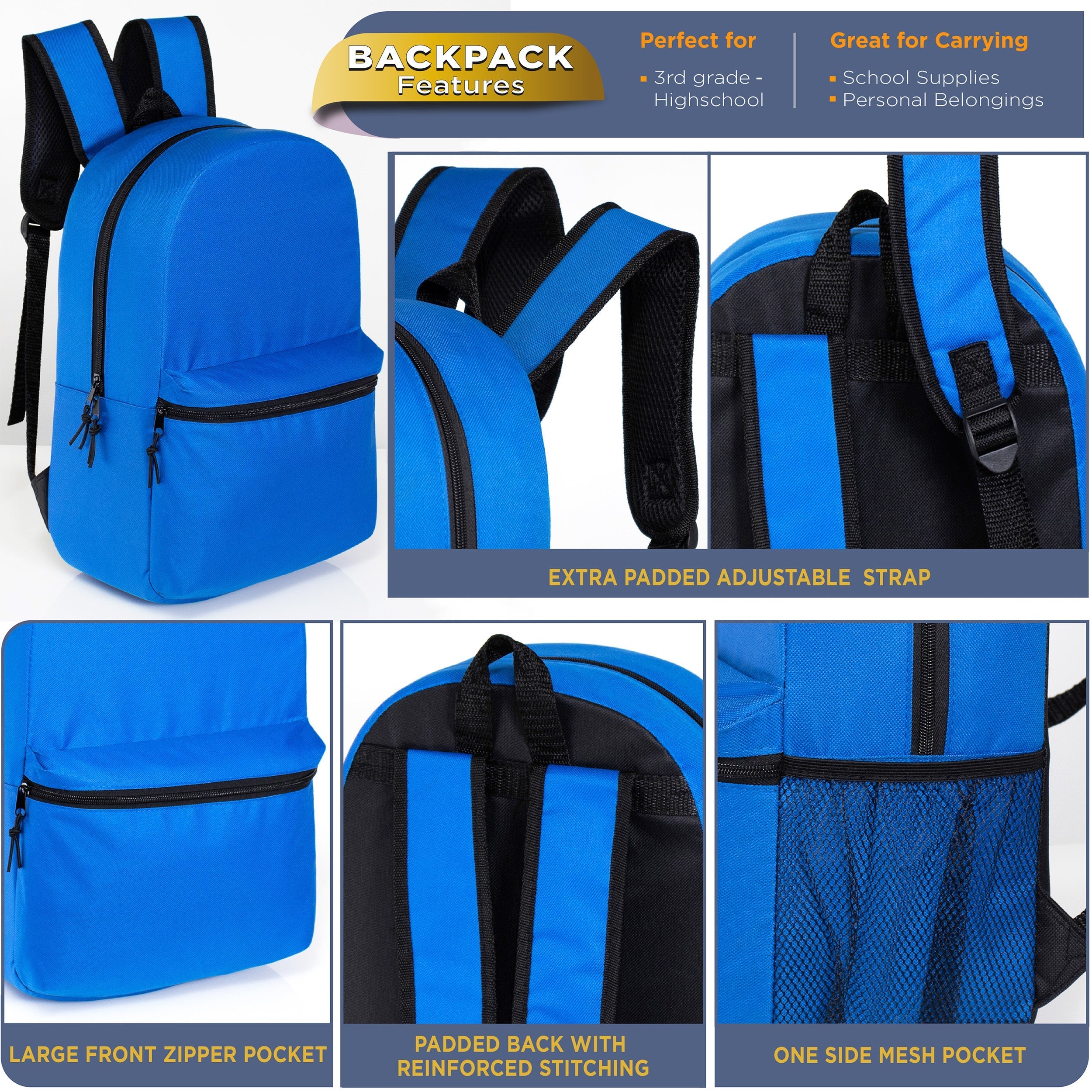 12 Wholesale 16" Basic Backpacks in 12 Assorted Colors & 12 Bulk School Supply Kits of Your Choice