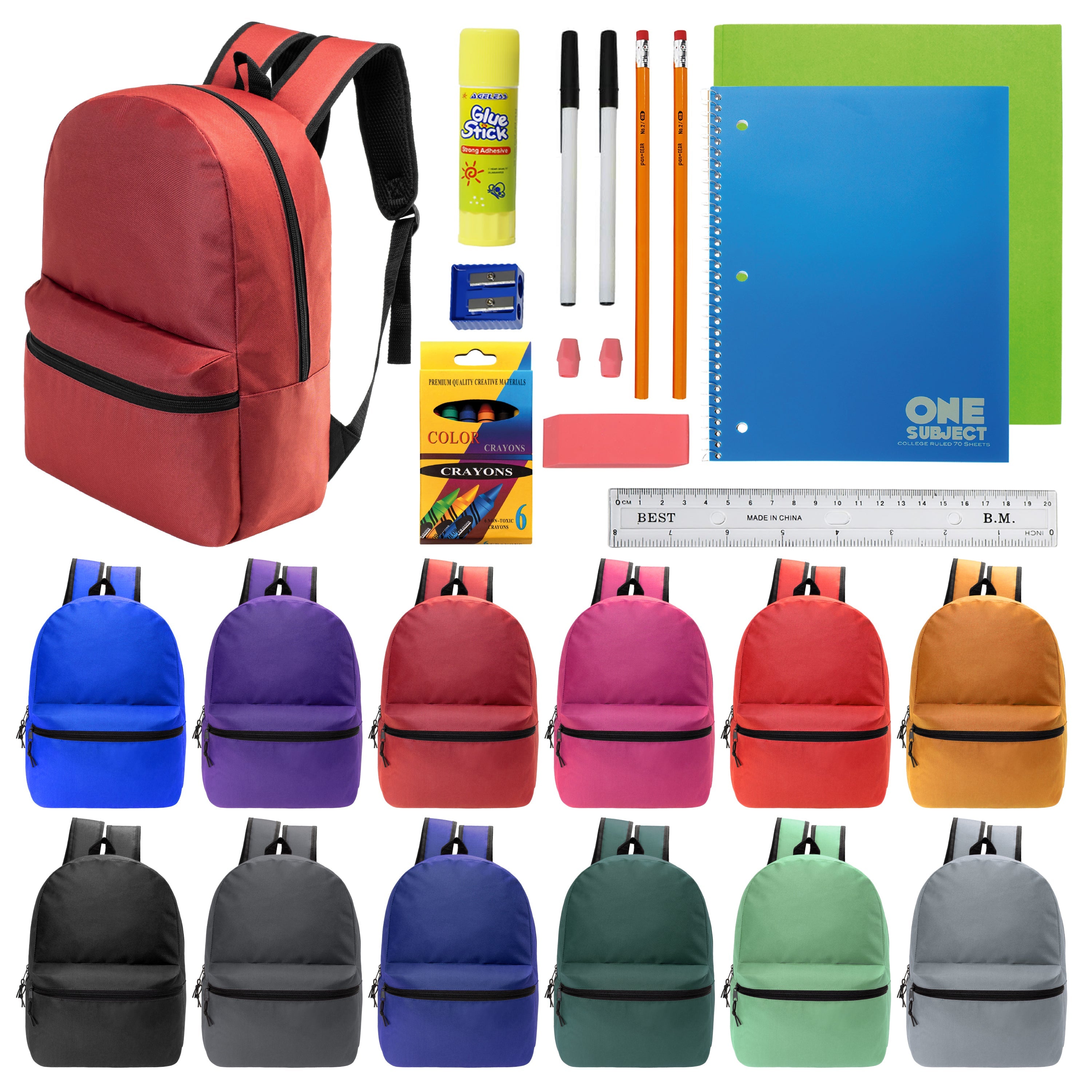 12 Wholesale 17" Basic Backpacks in Assorted Colors & 12 Bulk School Supply Kits of Your Choice