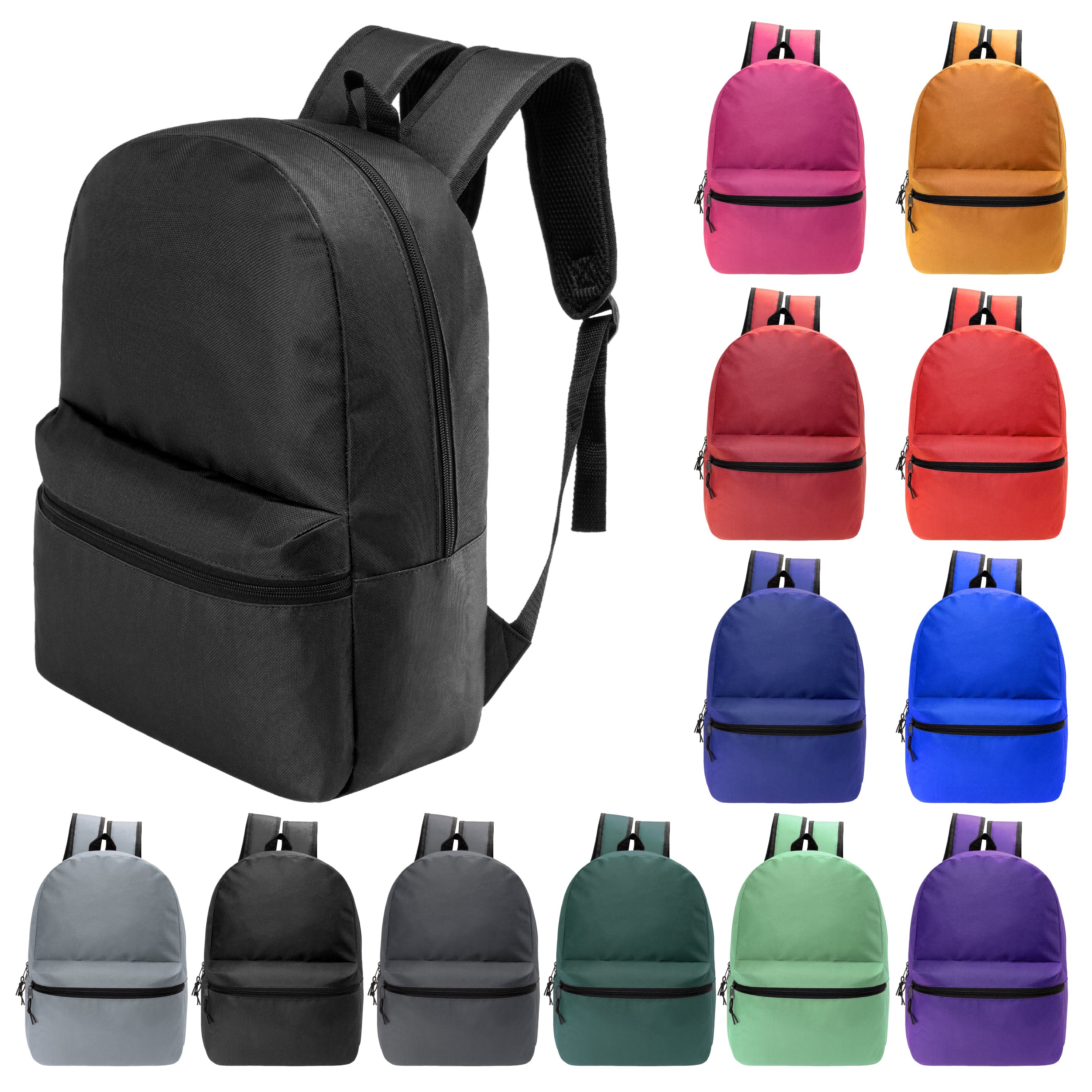 17" Kids Basic Wholesale Backpack in 12 Colors - Bulk Case of 20 Backpacks
