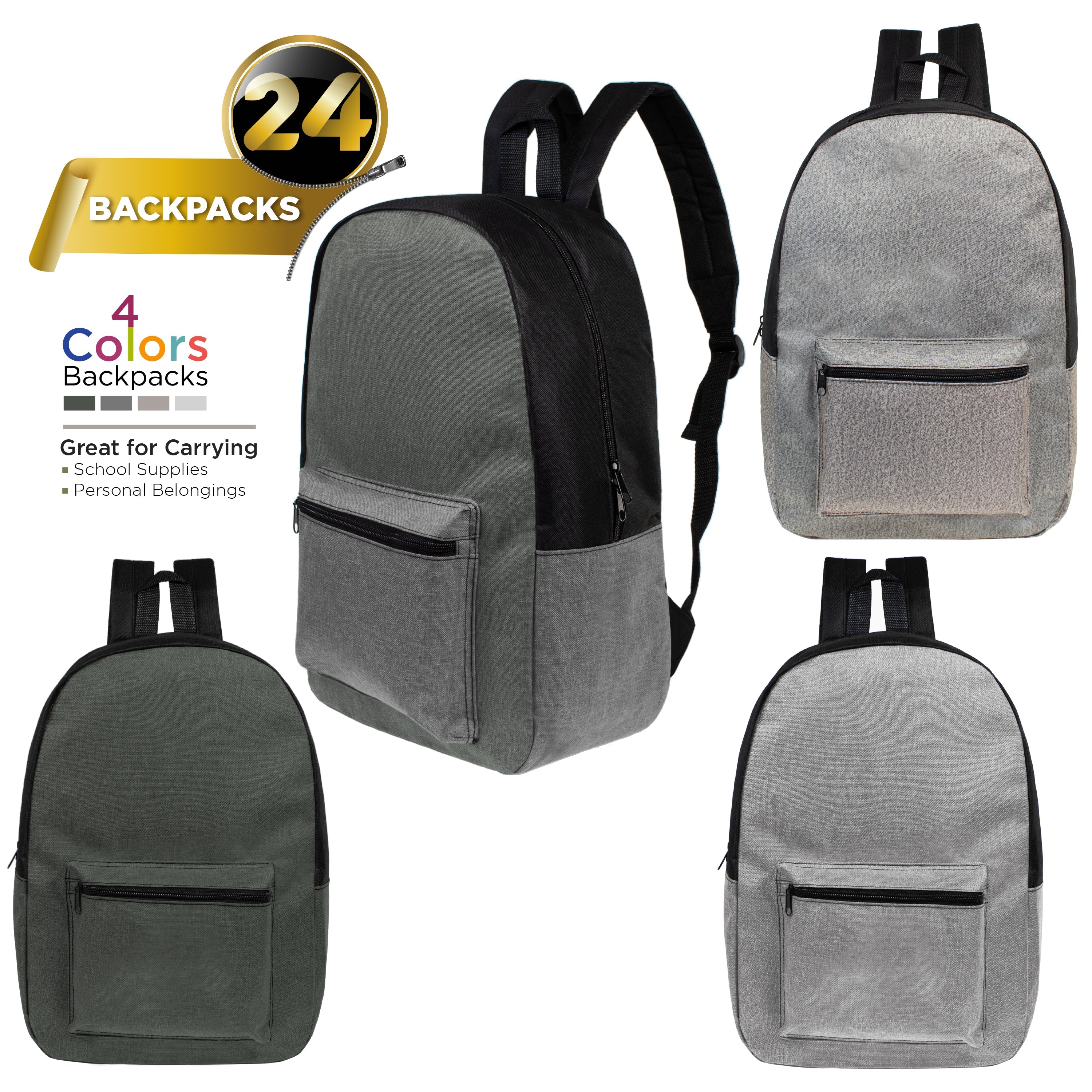 17" Kids Basic Wholesale Backpack in Assorted 4 Colors - Bulk Case of 24 Bookbags