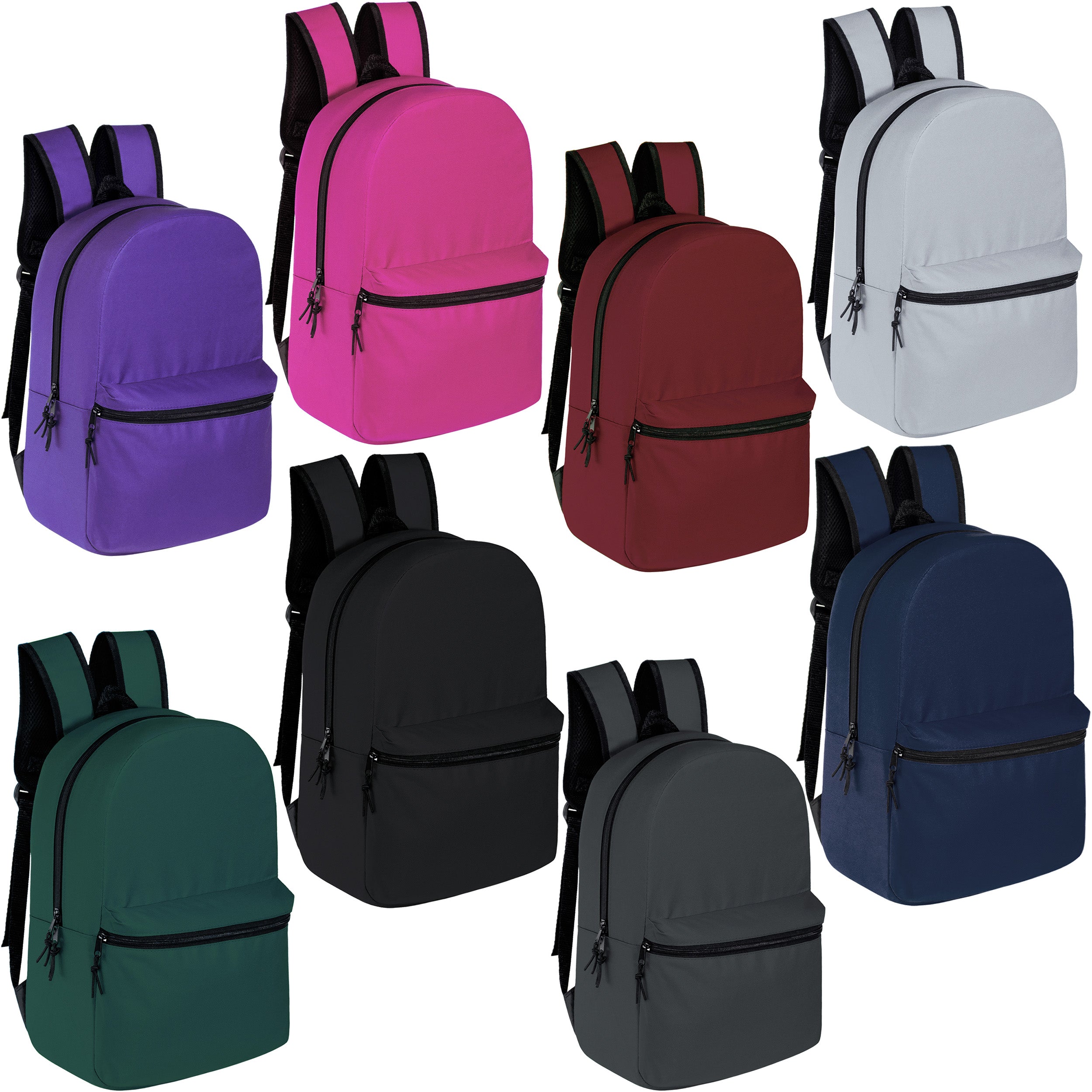 15" Kids Basic Wholesale Backpack in 8 Colors - Bulk Case of 8