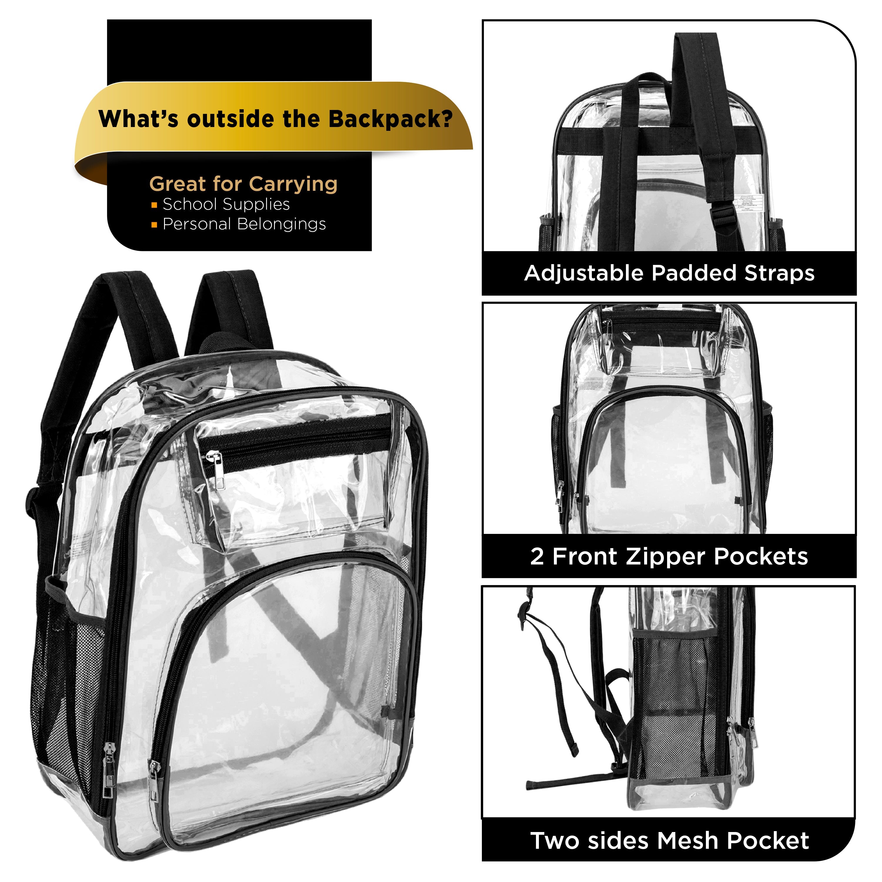 17" Premium Wholesale Clear Backpacks Assorted Colors - Bulk Case of 24 Transparent Bookbags