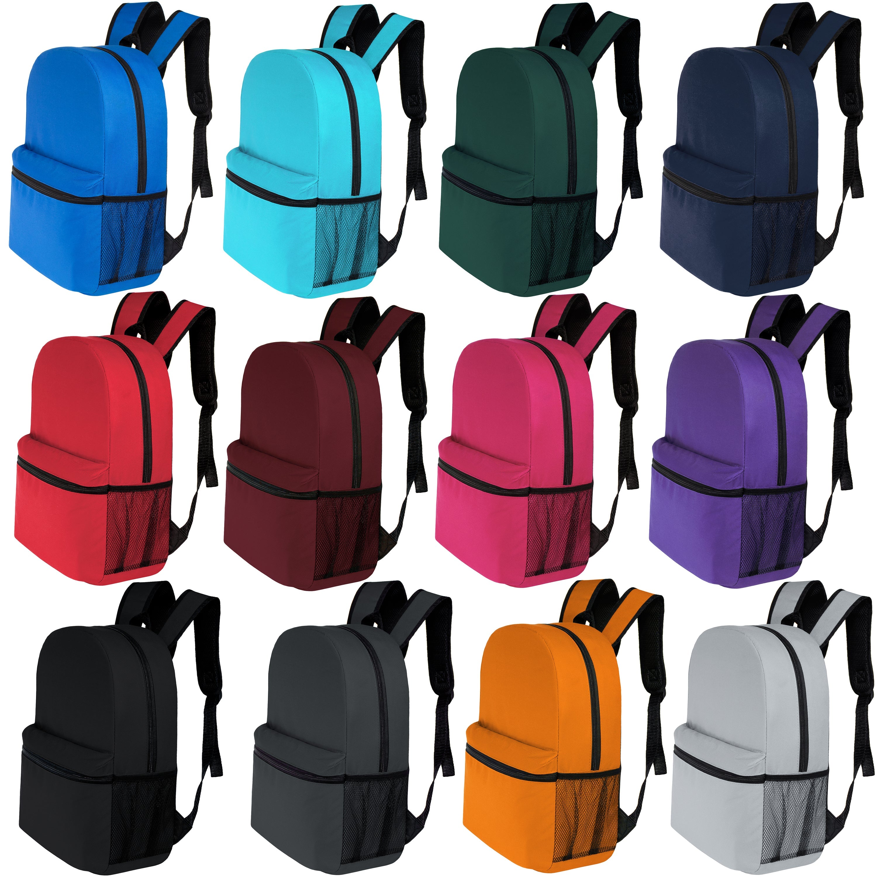 17" Kids Basic Wholesale Backpack in 12 Colors | Side Pocket - Bulk Case of 24 Bookbags