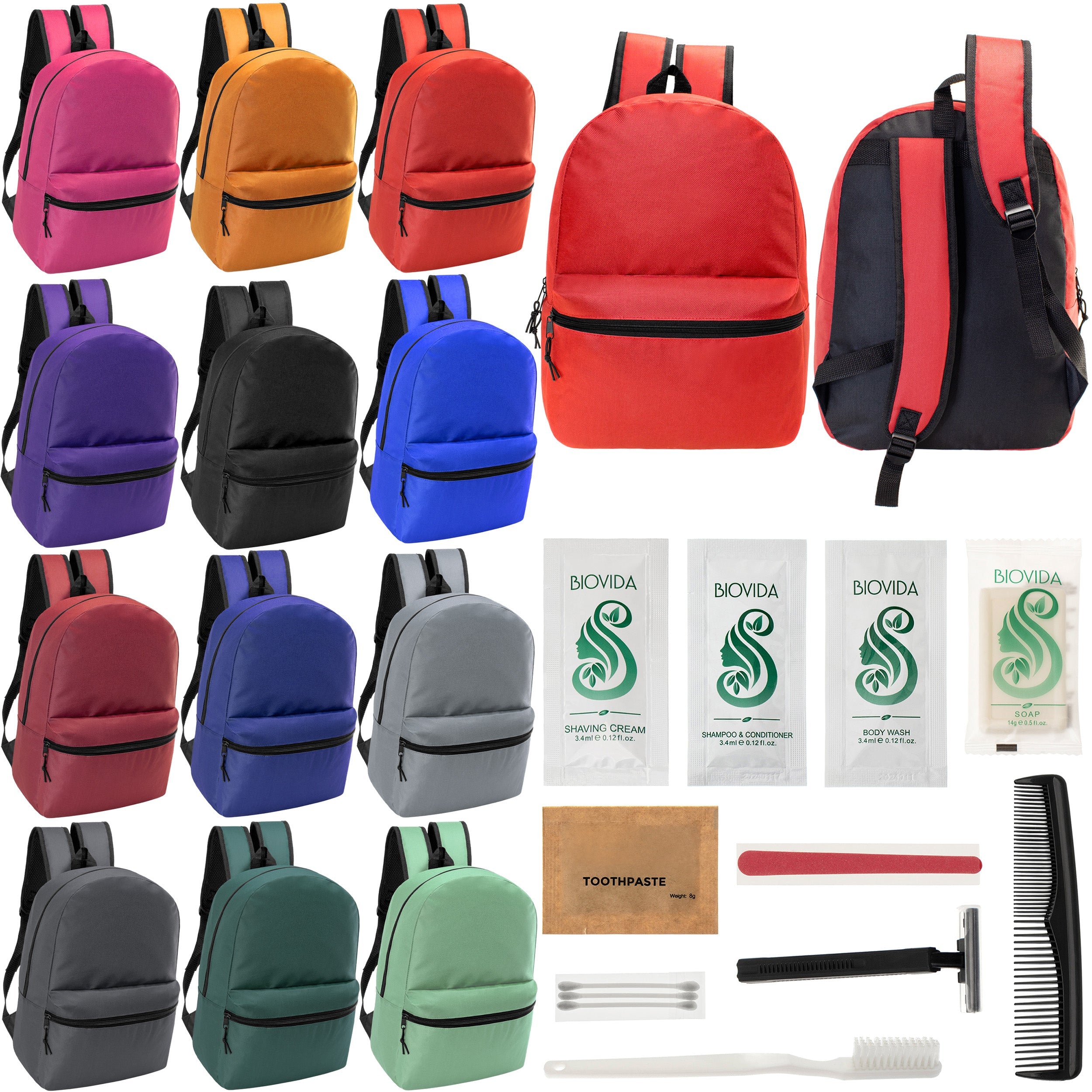 12 17" Classic Backpacks in 12 Assorted Colors & Your Choice of 12 Bulk Hygiene Kits - Wholesale Care Package: Homeless, Emergency, Charity