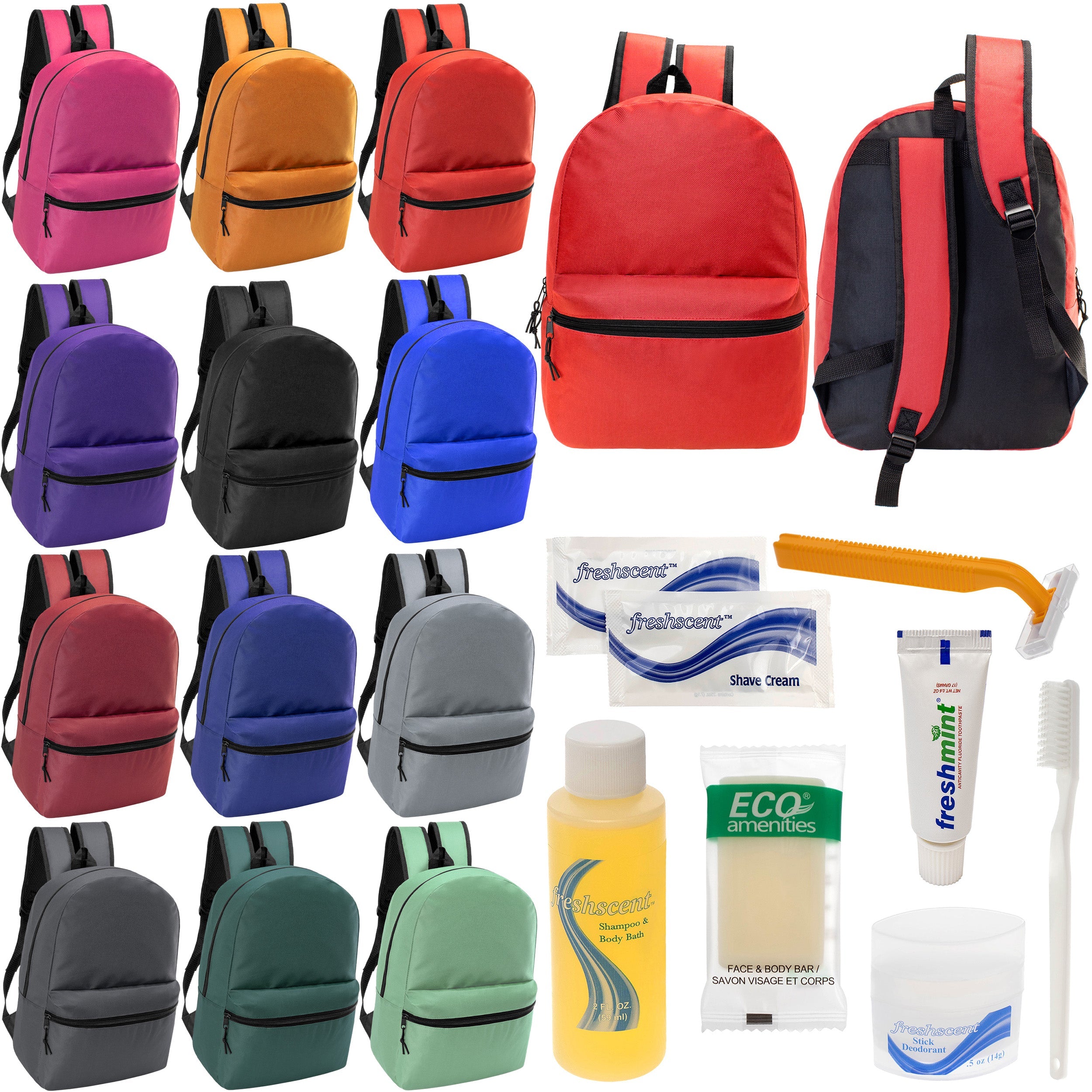 12 17" Classic Backpacks in 12 Assorted Colors & Your Choice of 12 Bulk Hygiene Kits - Wholesale Care Package: Homeless, Emergency, Charity