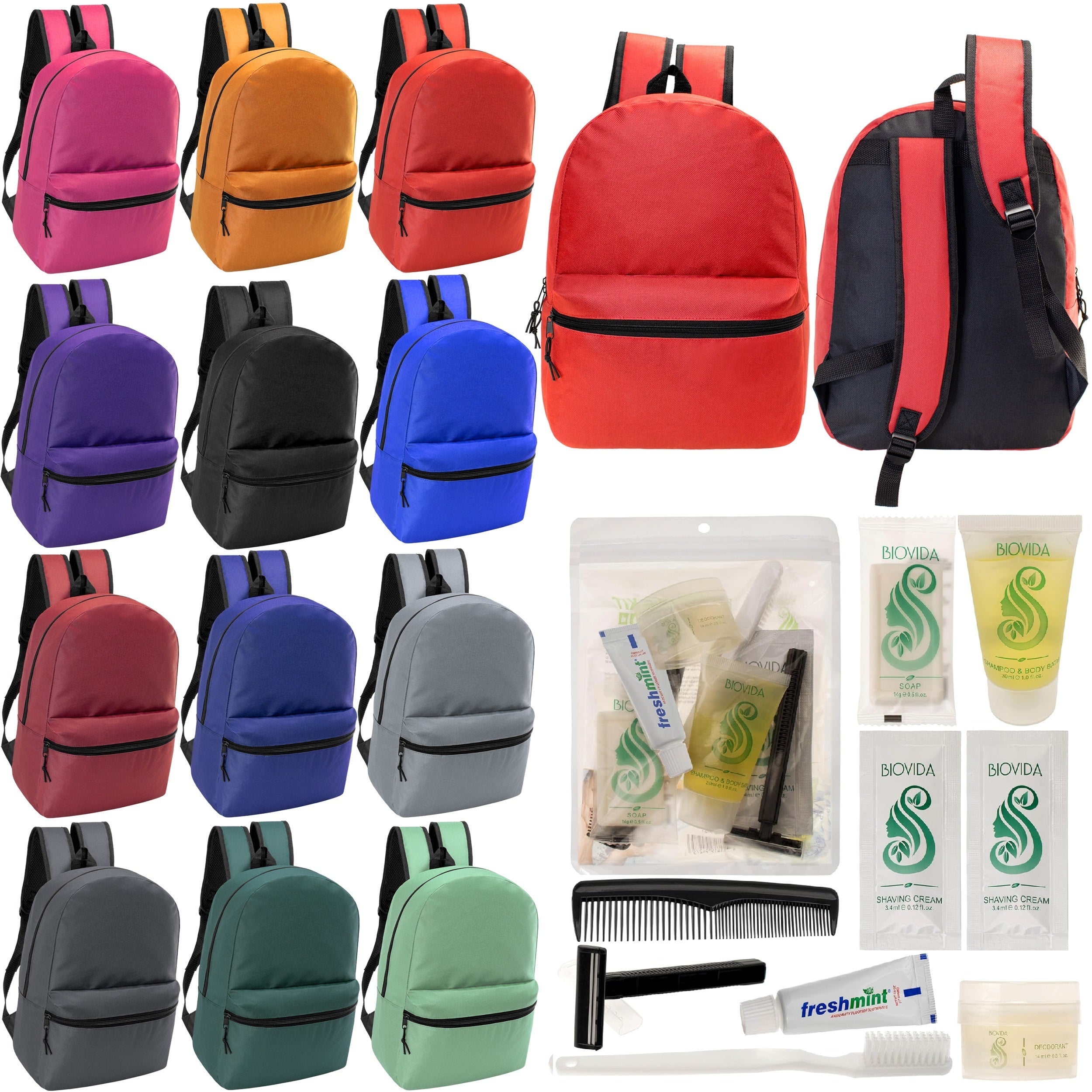 12 17" Classic Backpacks in 12 Assorted Colors & Your Choice of 12 Bulk Hygiene Kits - Wholesale Care Package: Homeless, Emergency, Charity