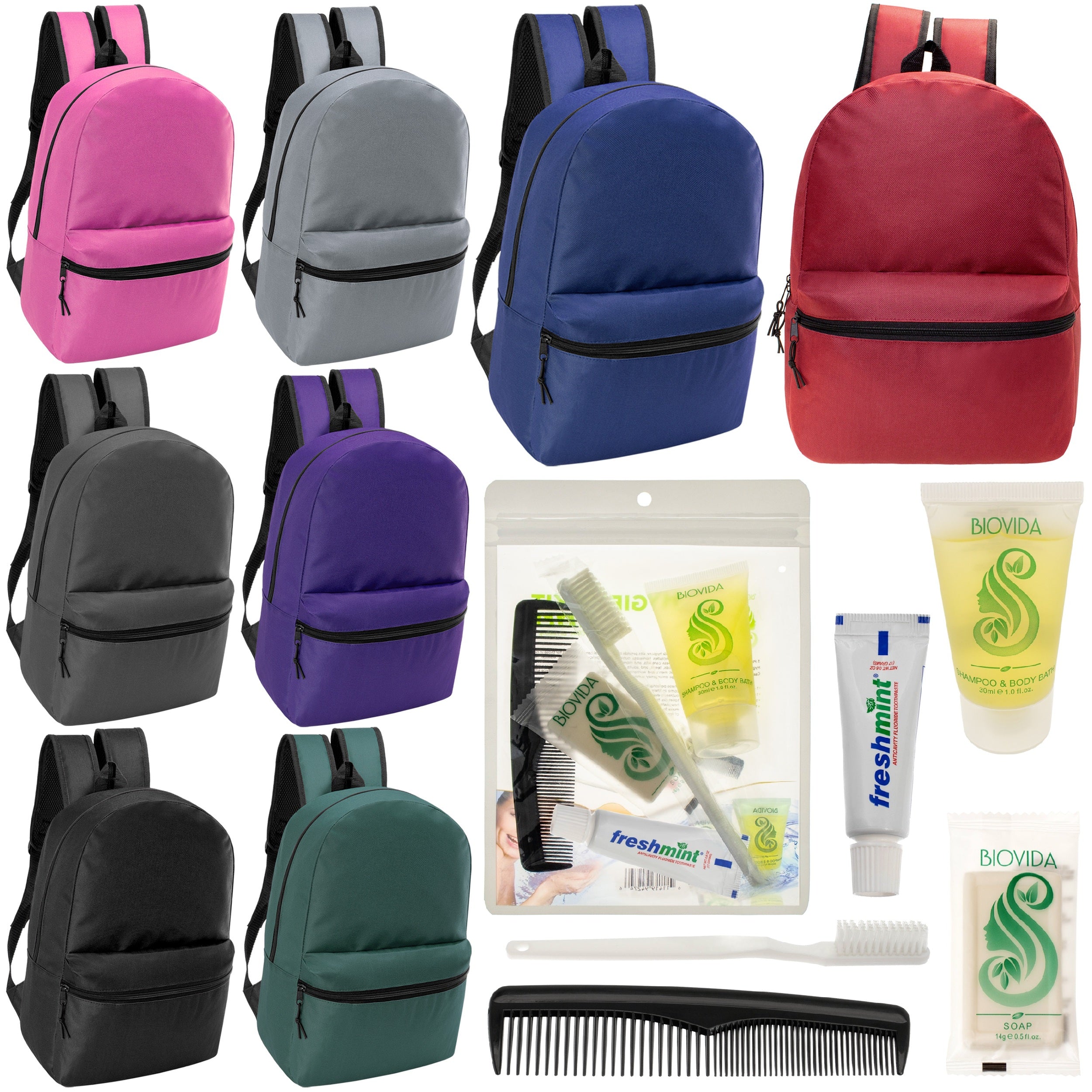 12 17" Classic Backpacks in 8 Assorted Colors & Your Choice of 12 Bulk Hygiene Kits - Wholesale Care Package: Homeless, Emergency, Charity
