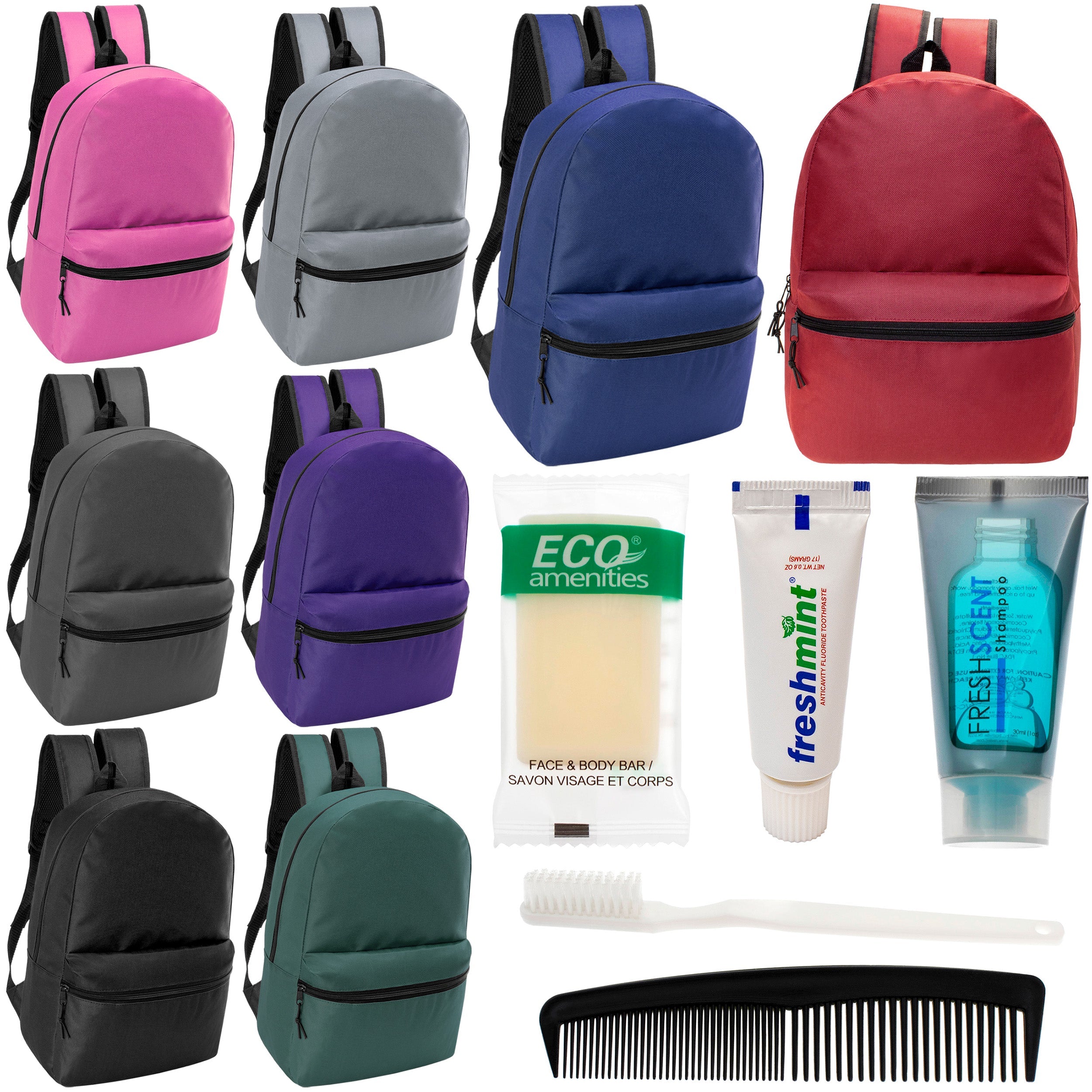 12 Classic 17" Backpacks in 8 Assorted Colors & Your Choice of 12 Bulk Hygiene Kits - Wholesale Care Package: Homeless, Emergency, Charity