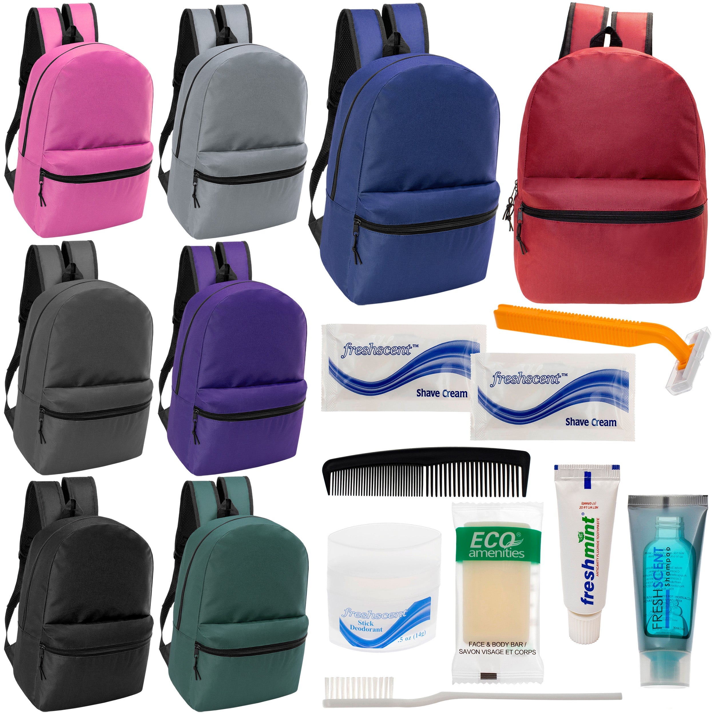 12 Classic 17" Backpacks in 8 Assorted Colors & Your Choice of 12 Bulk Hygiene Kits - Wholesale Care Package: Homeless, Emergency, Charity