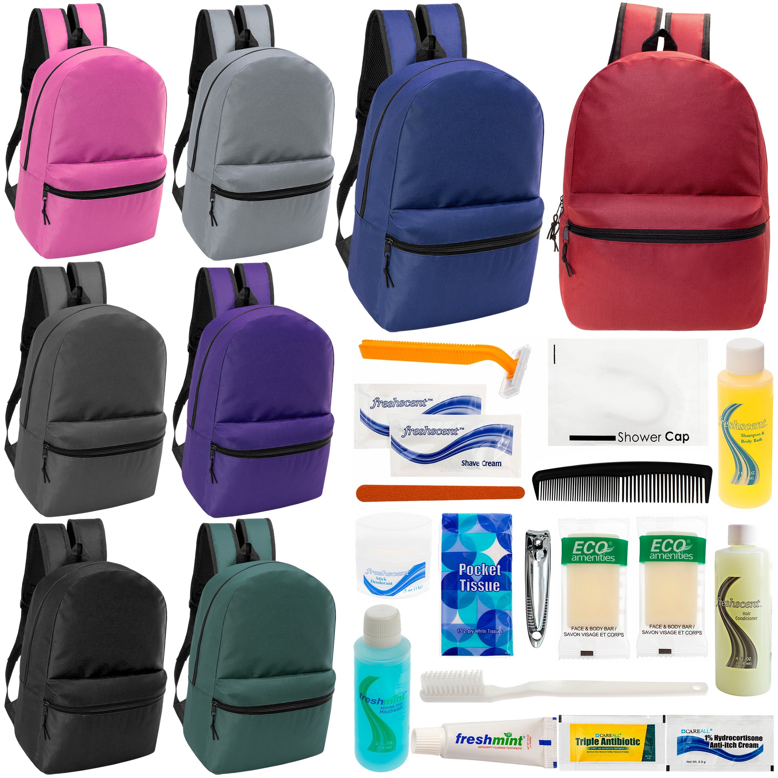 12 Classic 17" Backpacks in 8 Assorted Colors & Your Choice of 12 Bulk Hygiene Kits - Wholesale Care Package: Homeless, Emergency, Charity