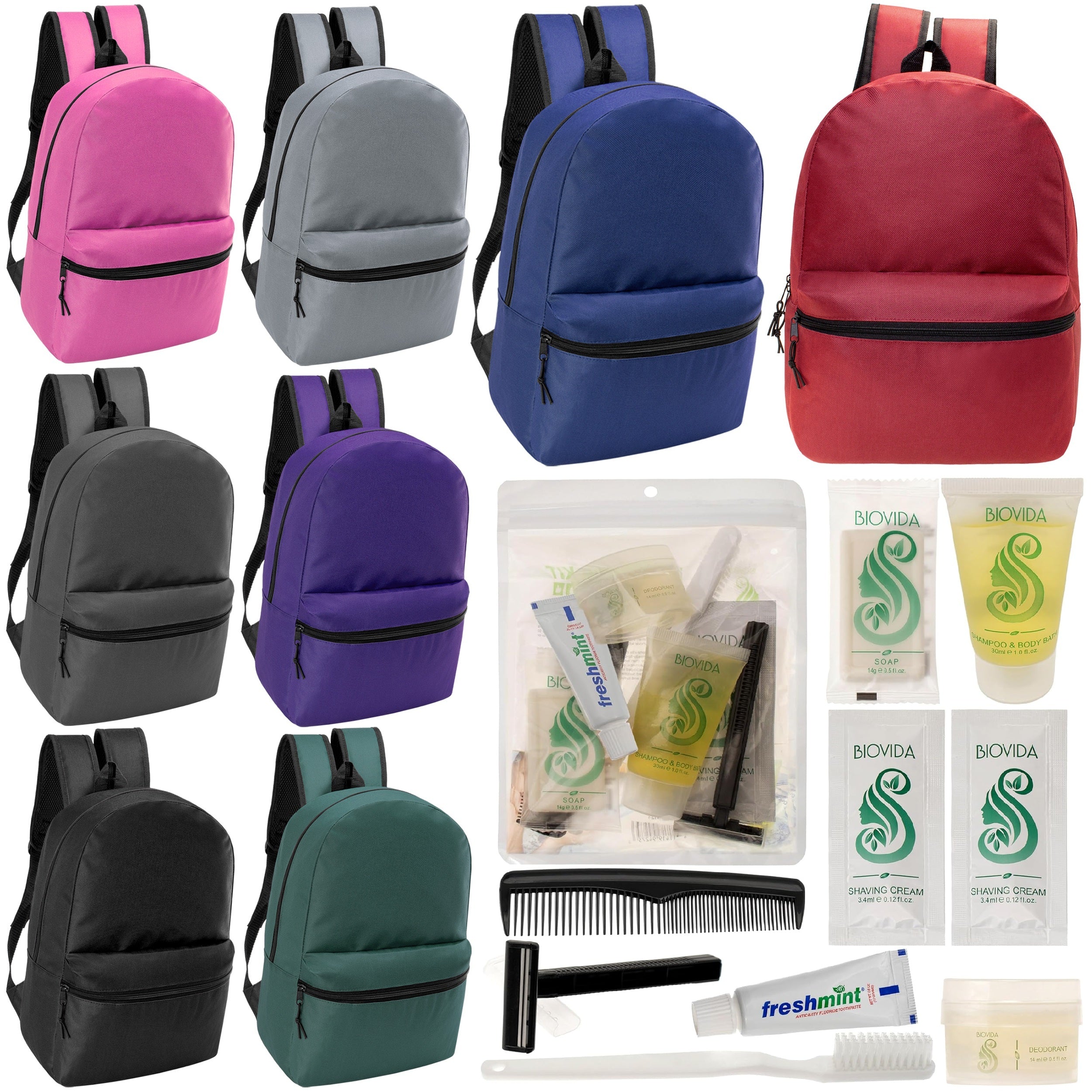 12 17" Classic Backpacks in 8 Assorted Colors & Your Choice of 12 Bulk Hygiene Kits - Wholesale Care Package: Homeless, Emergency, Charity