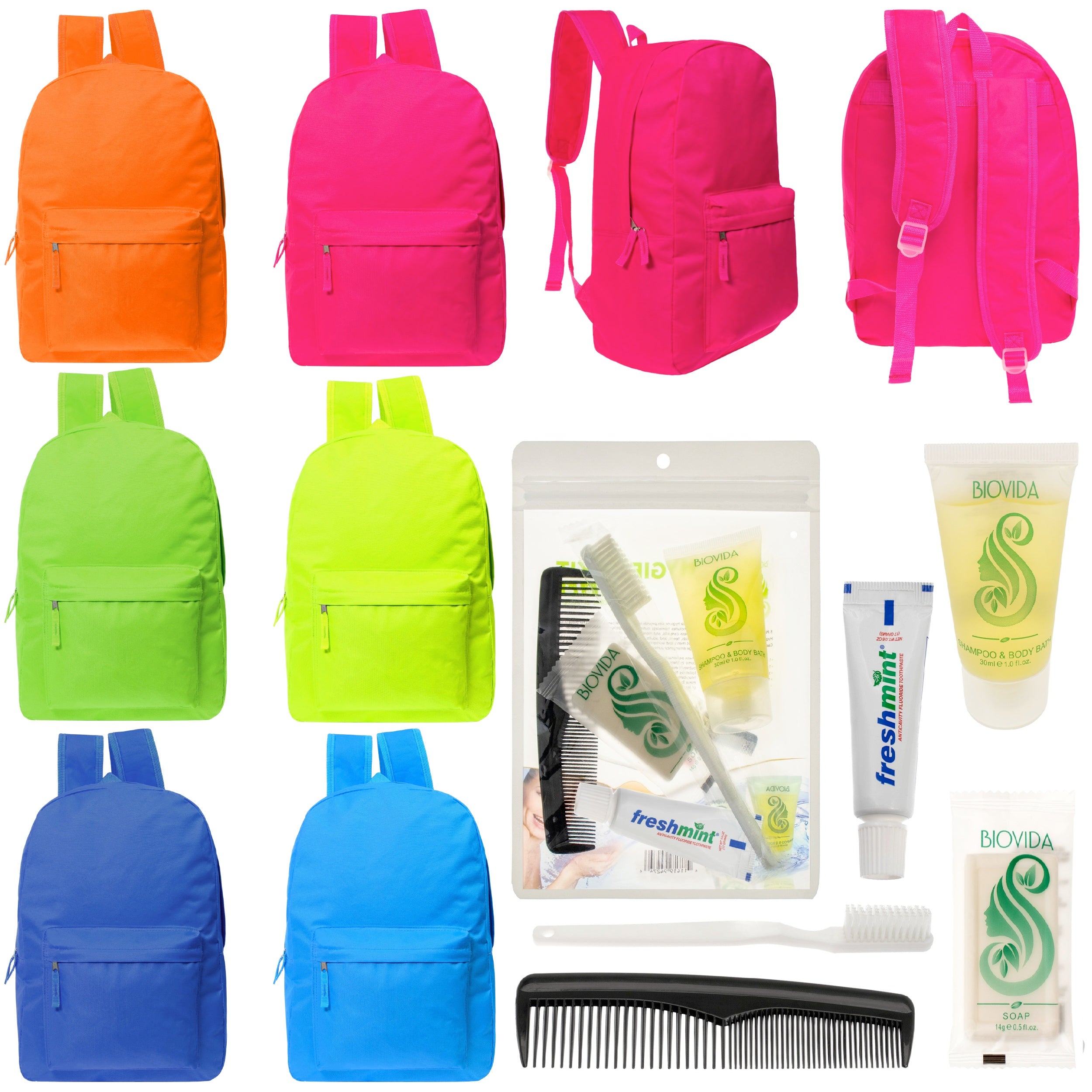 12 Bright Color 17" Backpacks in 6 Colors & Your Choice of 12 Bulk Hygiene Kits - Wholesale Care Package: Homeless, Emergency, Charity