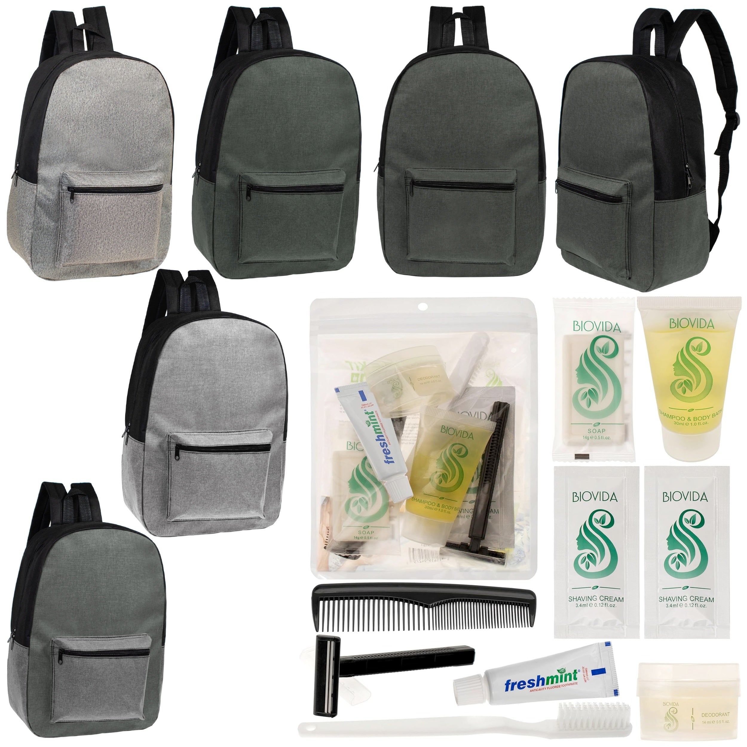 12 Basic Unisex 17" Backpacks in 4 Colors & Your Choice of 12 Bulk Hygiene Kits - Wholesale Care Package: Homeless, Emergency, Charity
