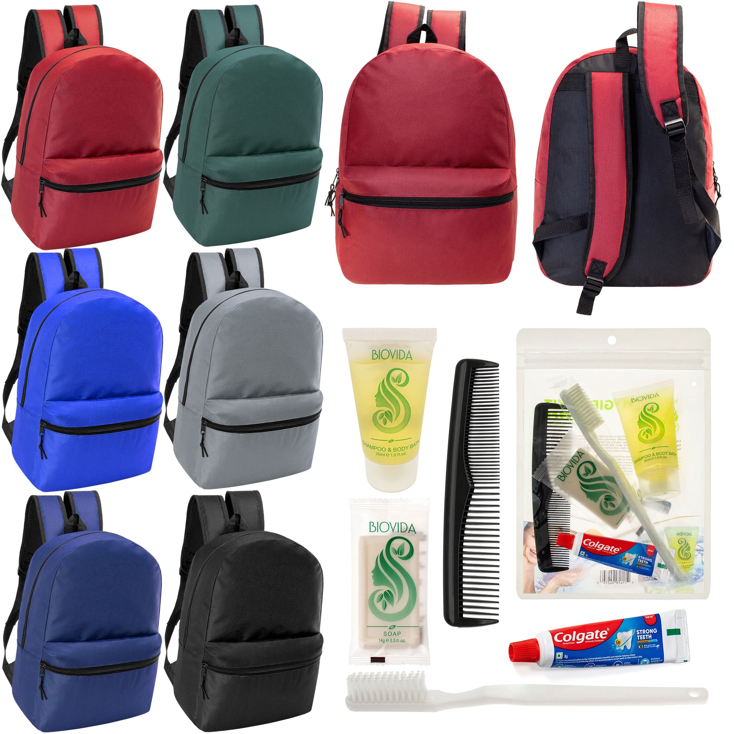 12 Basic 18.5" Backpacks in 6 Assorted Colors & Your Choice of 12 Bulk Hygiene Kits - Wholesale Care Package: Homeless, Emergency, Charity