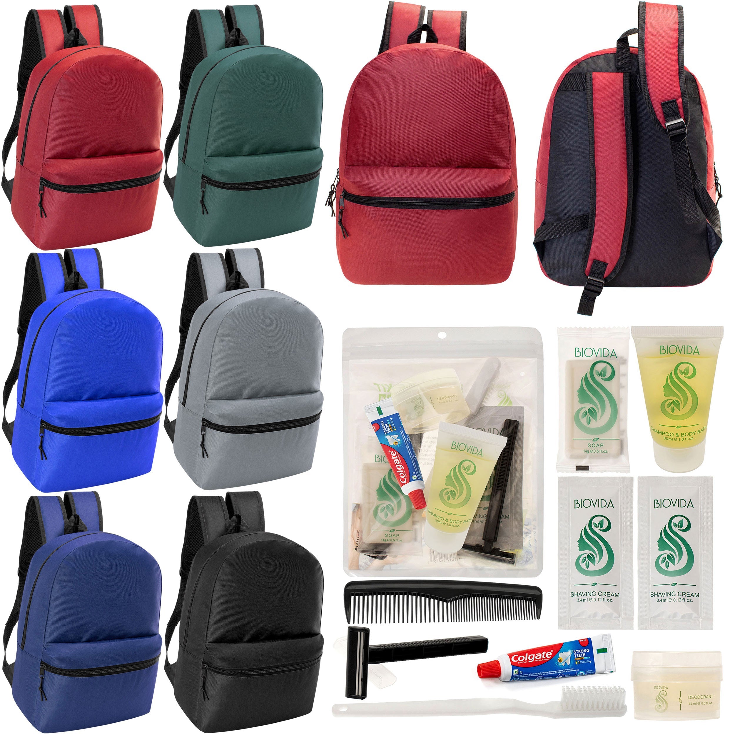 12 Basic 18.5" Backpacks in 6 Assorted Colors & Your Choice of 12 Bulk Hygiene Kits - Wholesale Care Package: Homeless, Emergency, Charity