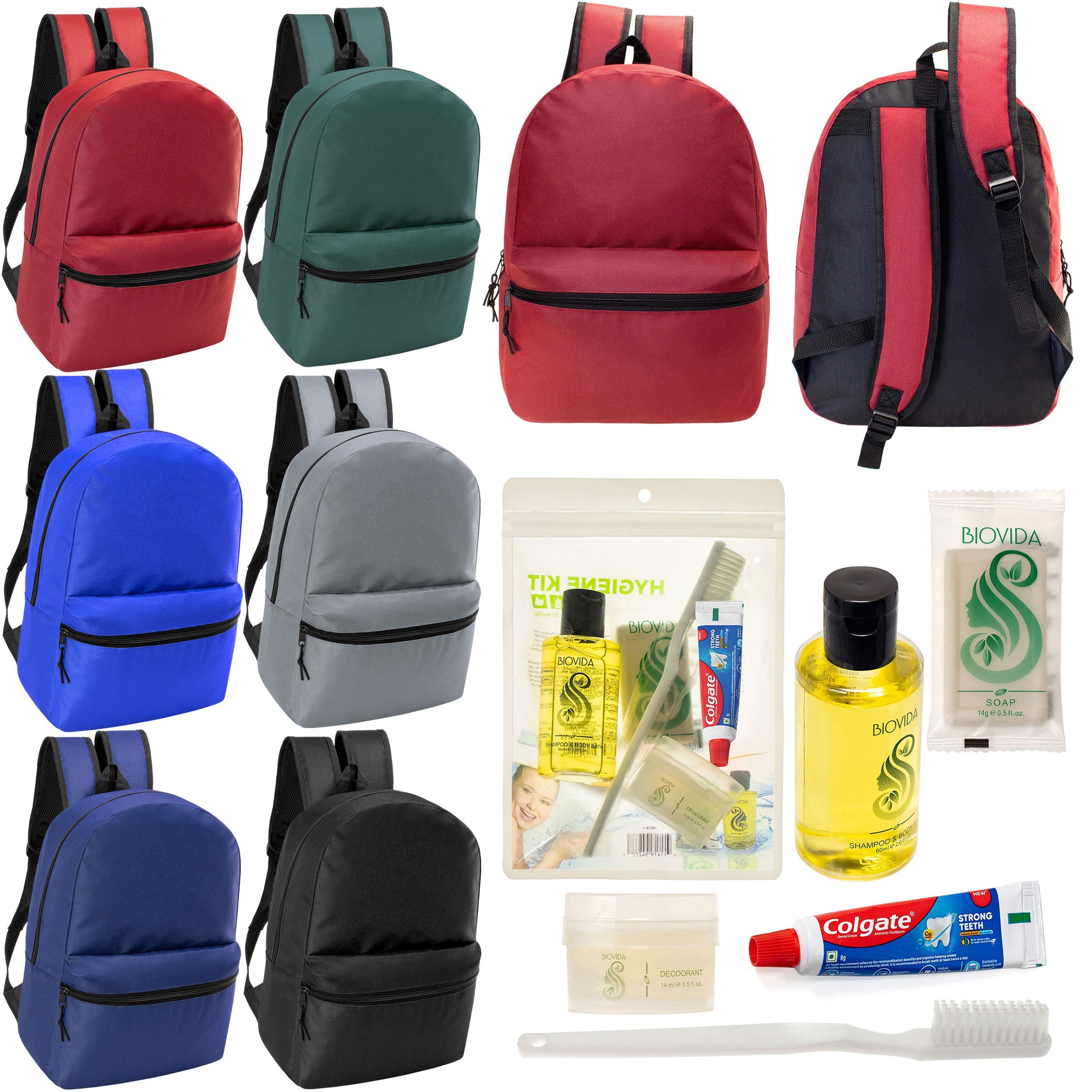 12 Basic 18.5" Backpacks in 6 Assorted Colors & Your Choice of 12 Bulk Hygiene Kits - Wholesale Care Package: Homeless, Emergency, Charity