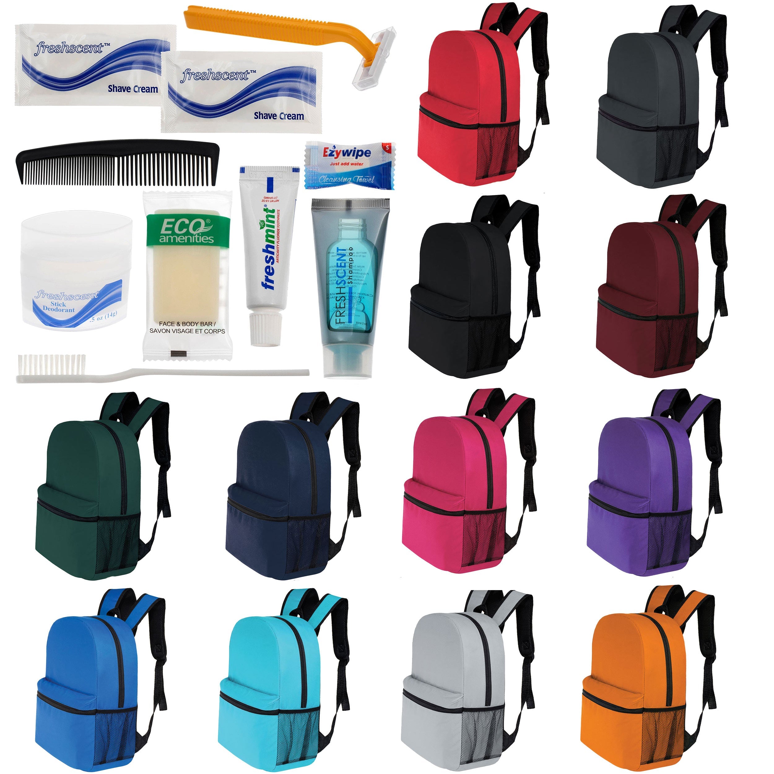 12 Basic 16" Backpacks in 12 Colors with a Side Pocket & Your Choice of 12 Bulk Hygiene Kits - Wholesale Care Package: Homeless, Emergency, Charity