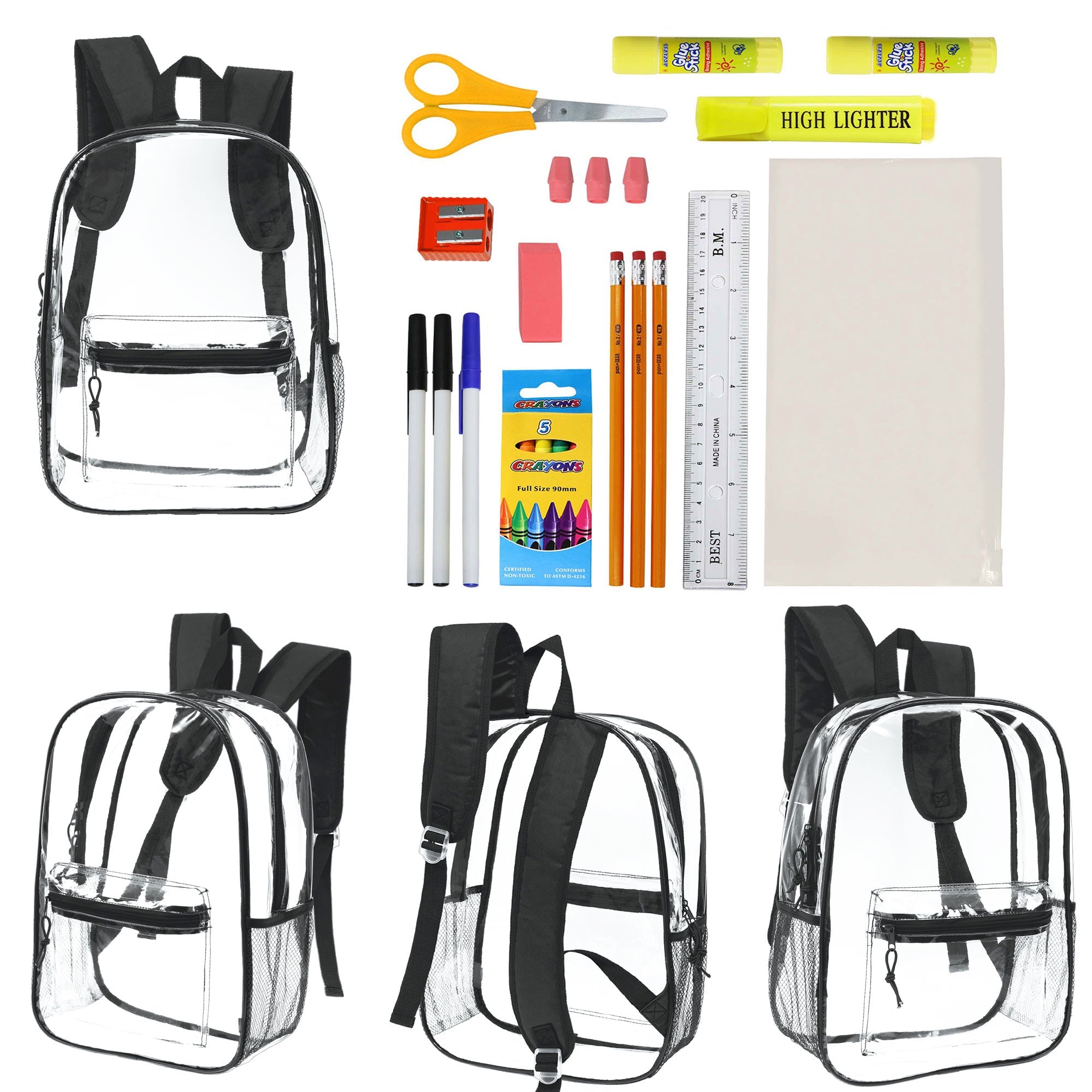 12 Wholesale 17" Clear Backpacks with Black Trim & 12 Bulk School Supply Kits of Your Choice